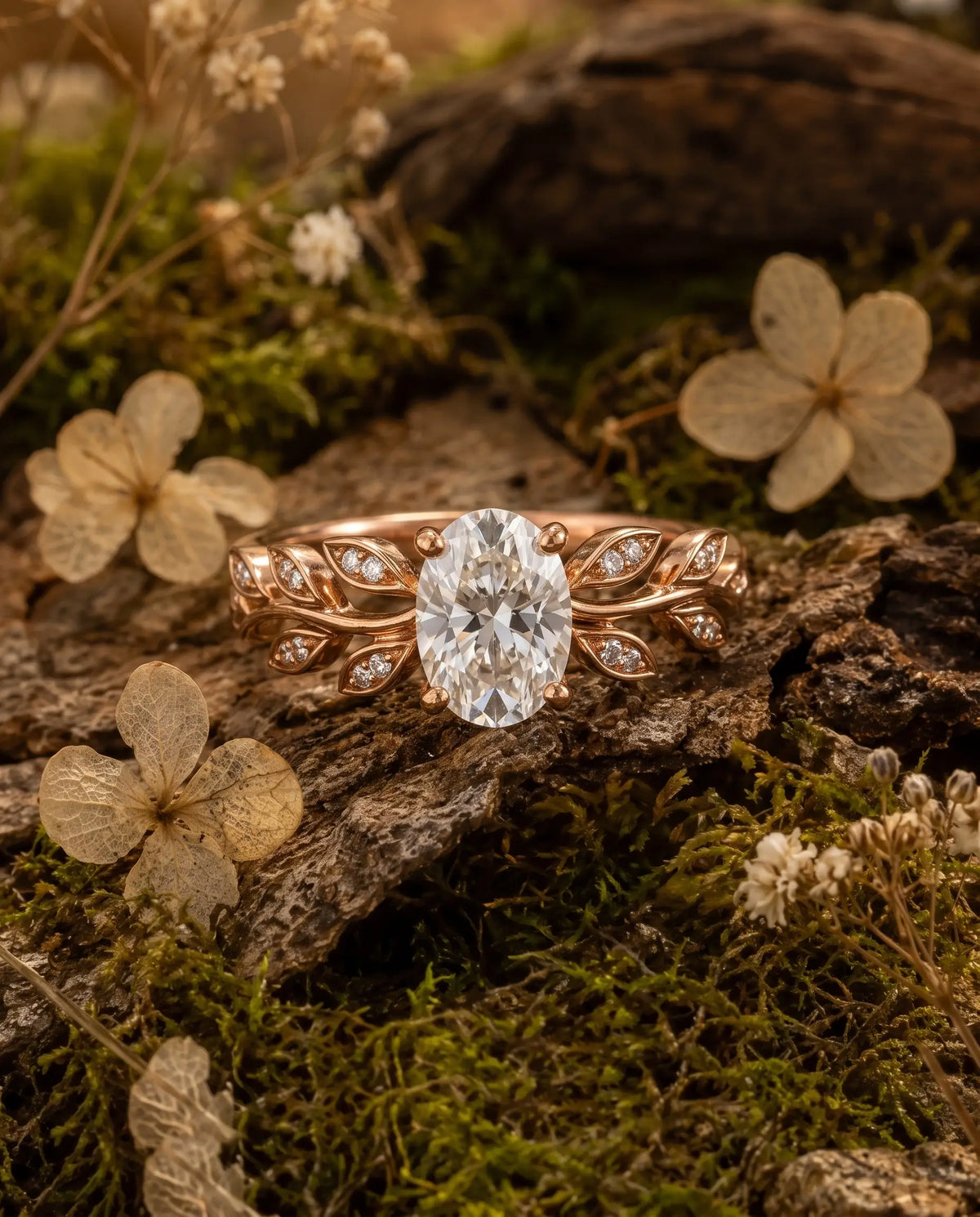 Botanical engagement ring with oval moissanite and round accents