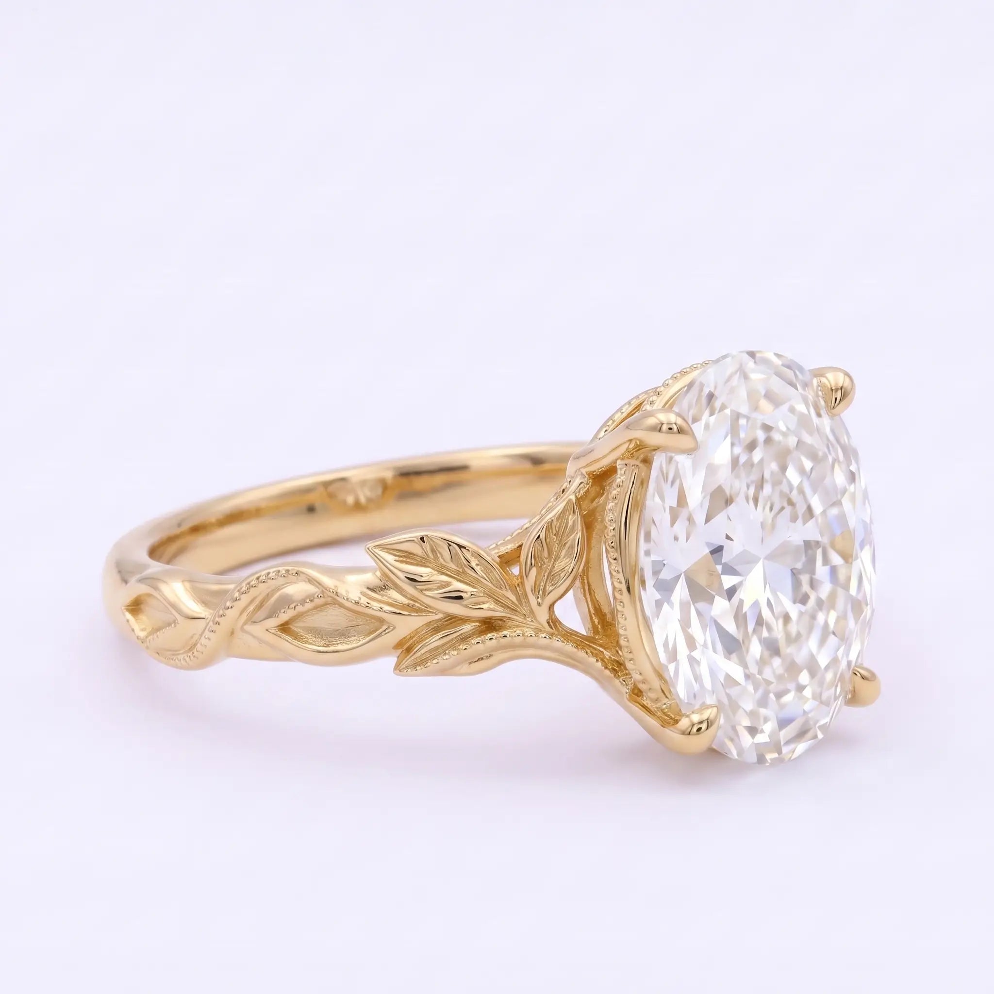 Close-up of oval moissanite solitaire leaf ring for women