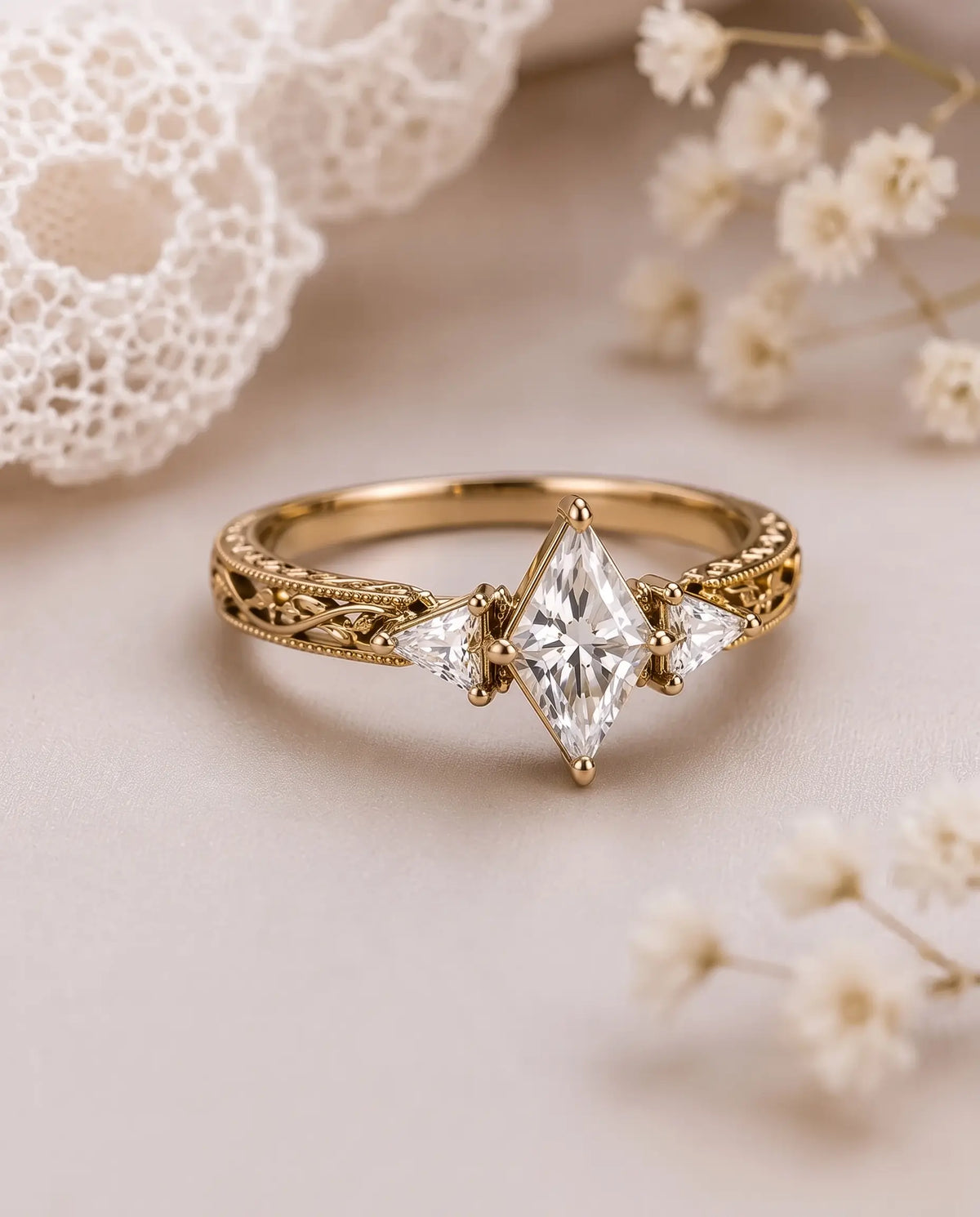 Front view of vintage kite cut moissanite engagement ring with two triangle side stones and botanical leaf detailing