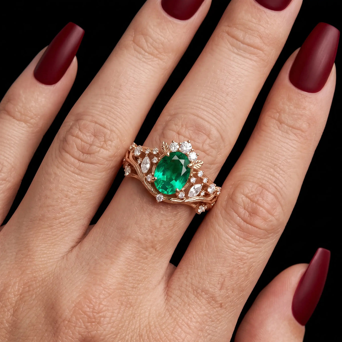 Oval lab emerald woodland ring worn on hand for ladies jewelry