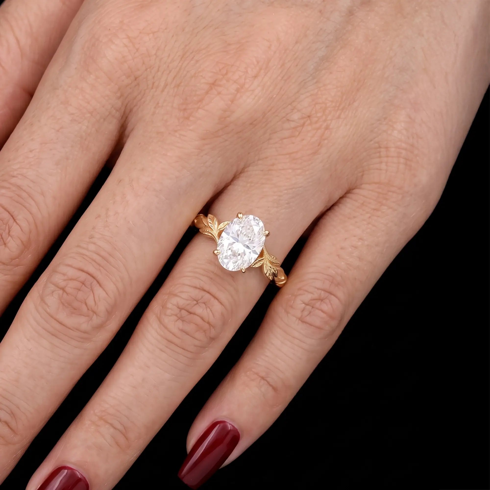 Botanical oval moissanite engagement ring with organic band texture for women gift
