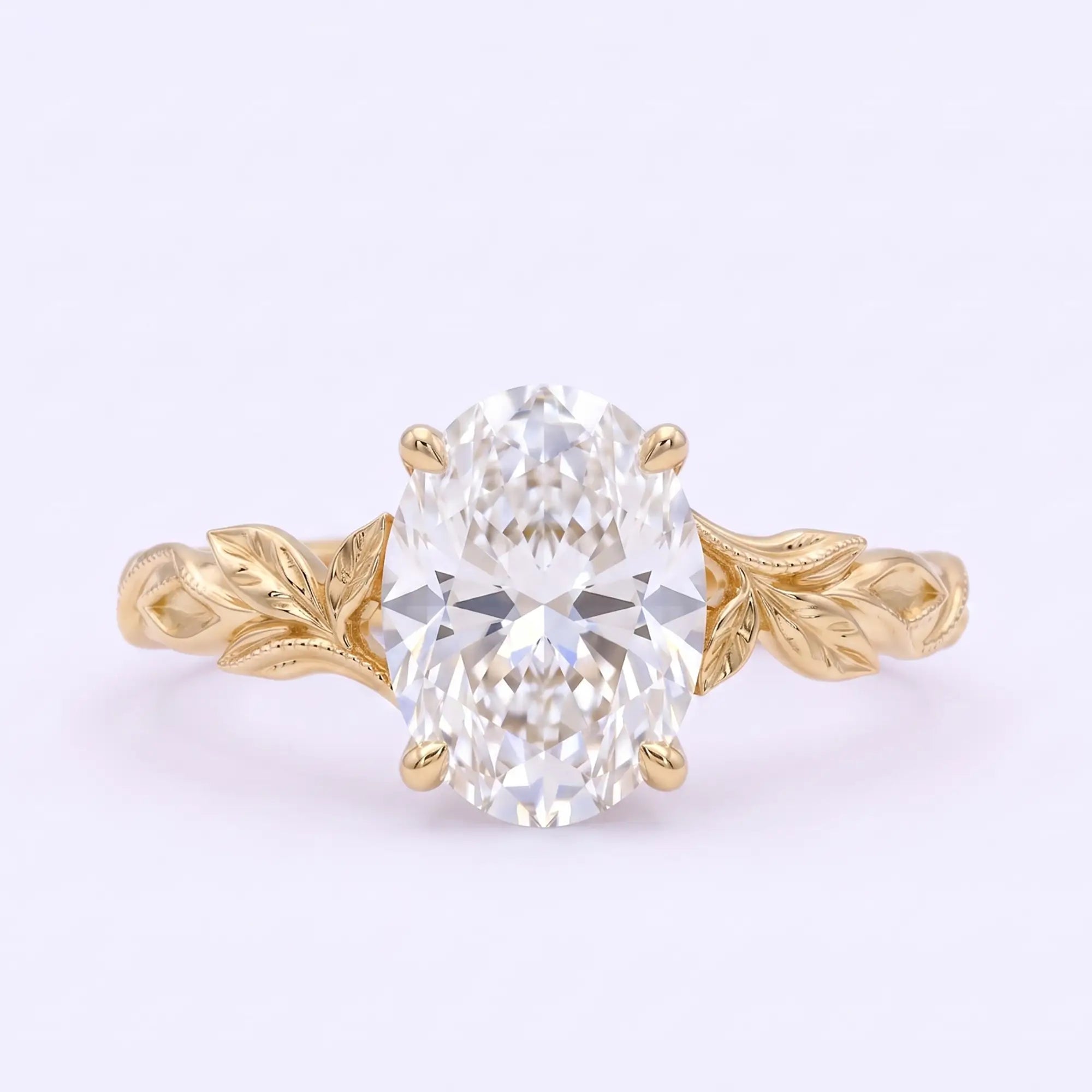 Oval moissanite solitaire leaf engagement ring in yellow gold