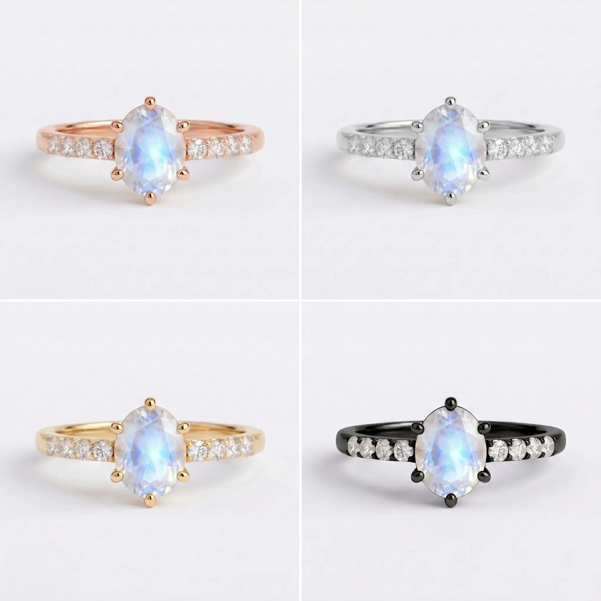 Front view matrix of Sylvara oval moonstone ring in black gold, rose gold, yellow gold, and white gold
