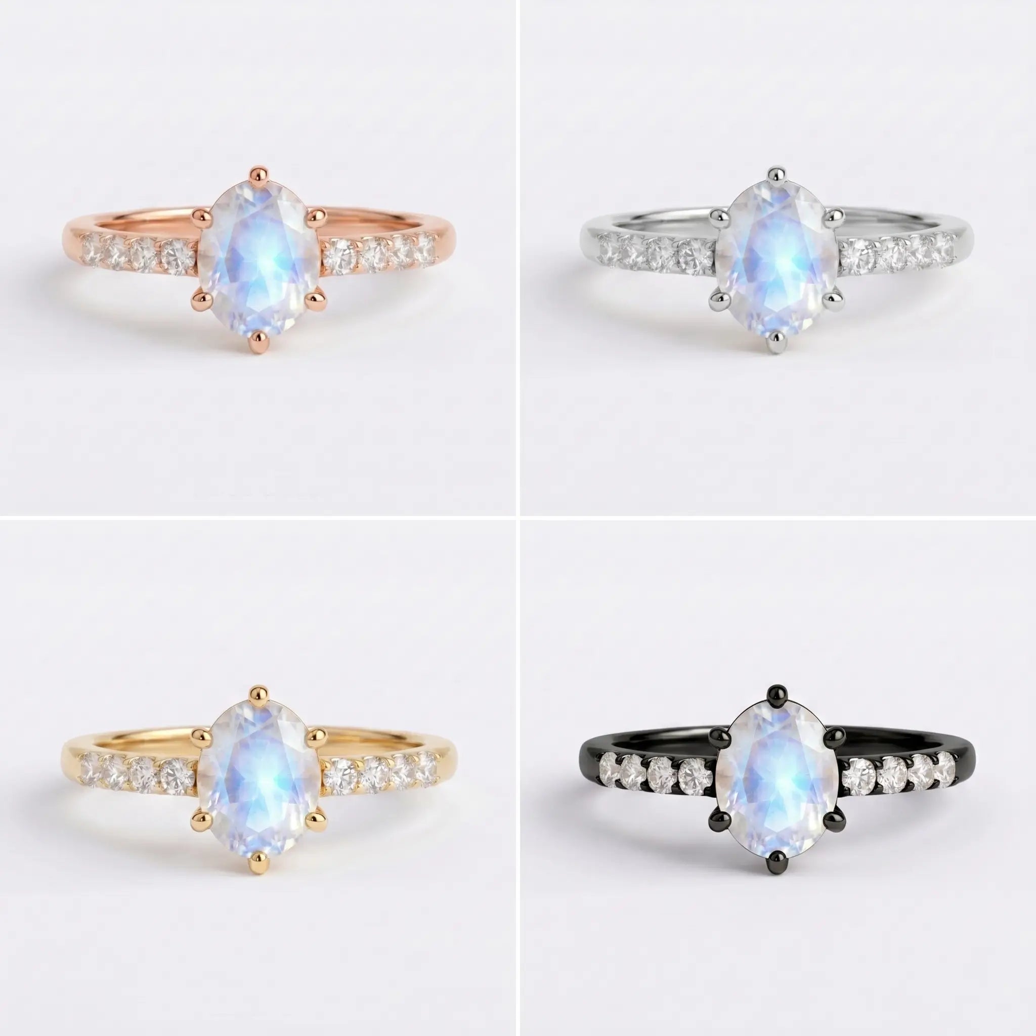 Front view matrix of Sylvara oval moonstone ring in black gold, rose gold, yellow gold, and white gold