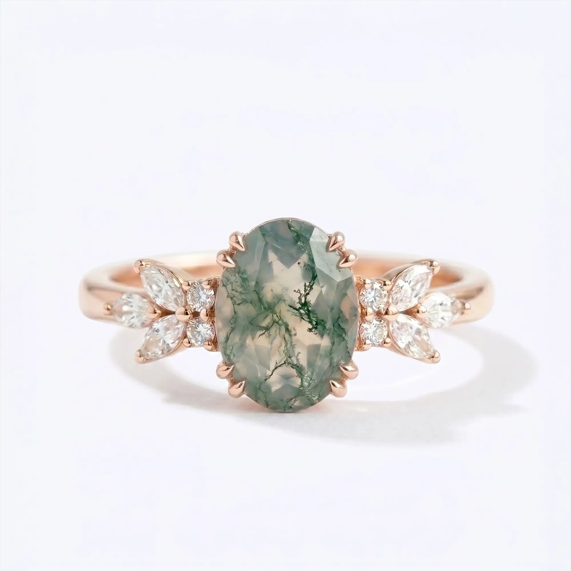 Handcrafted oval moss agate flora cluster engagement ring - Sylvara by Orleone