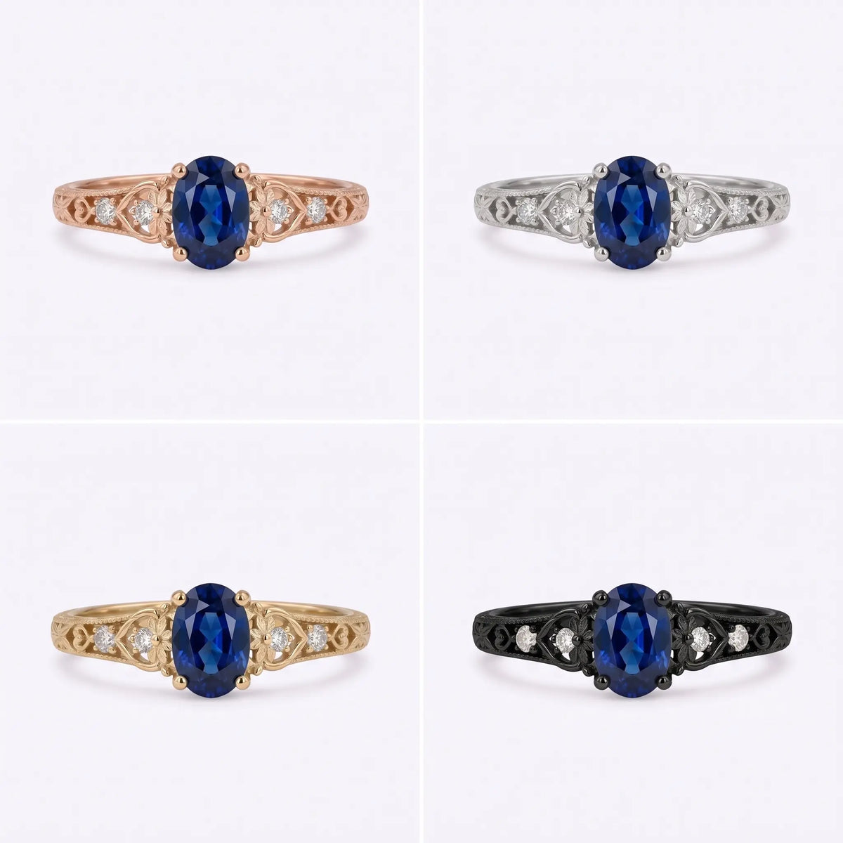 Oval sapphire floral ring shown in black, white, rose, and yellow gold