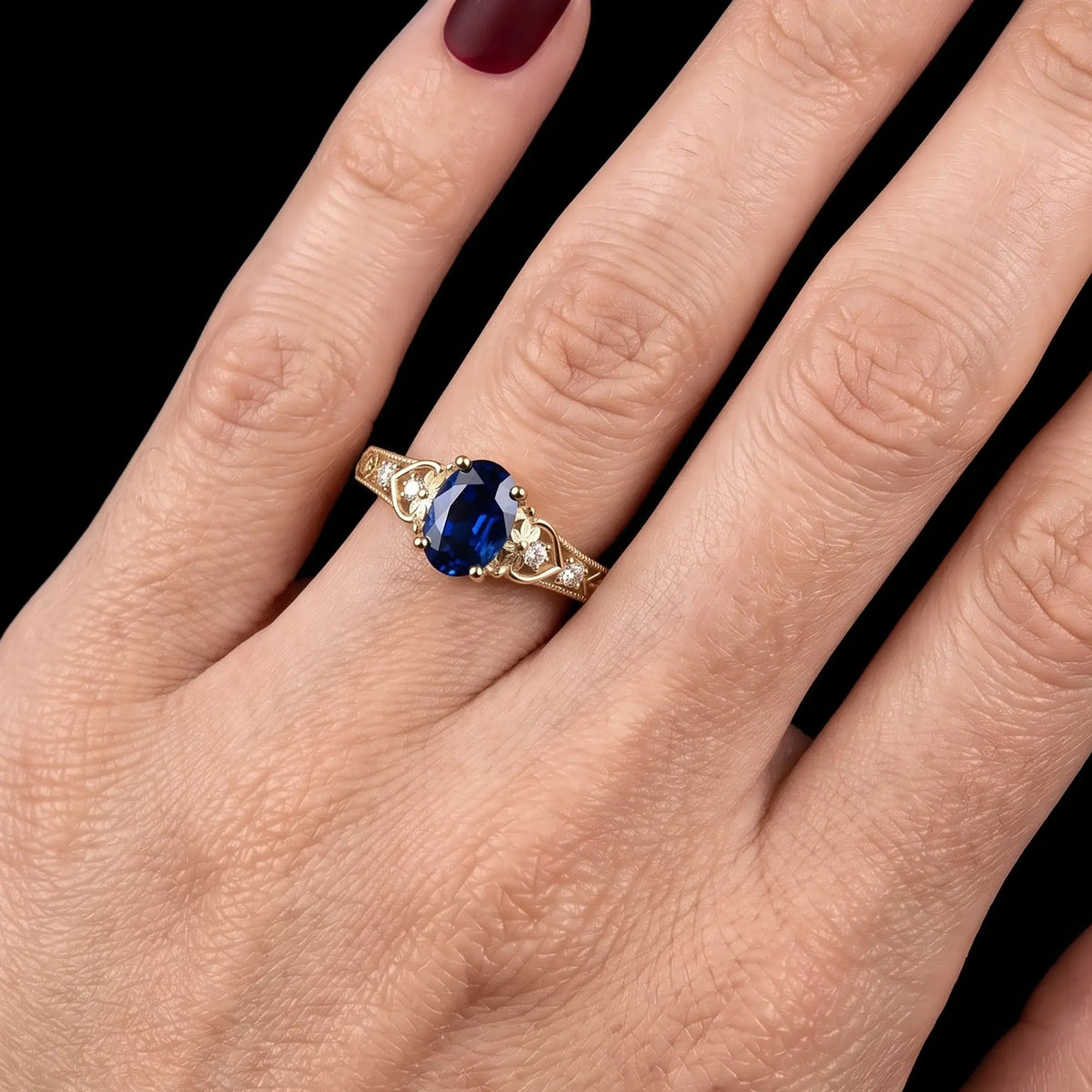 Victorian oval sapphire engagement ring with four round moissanite accents for women