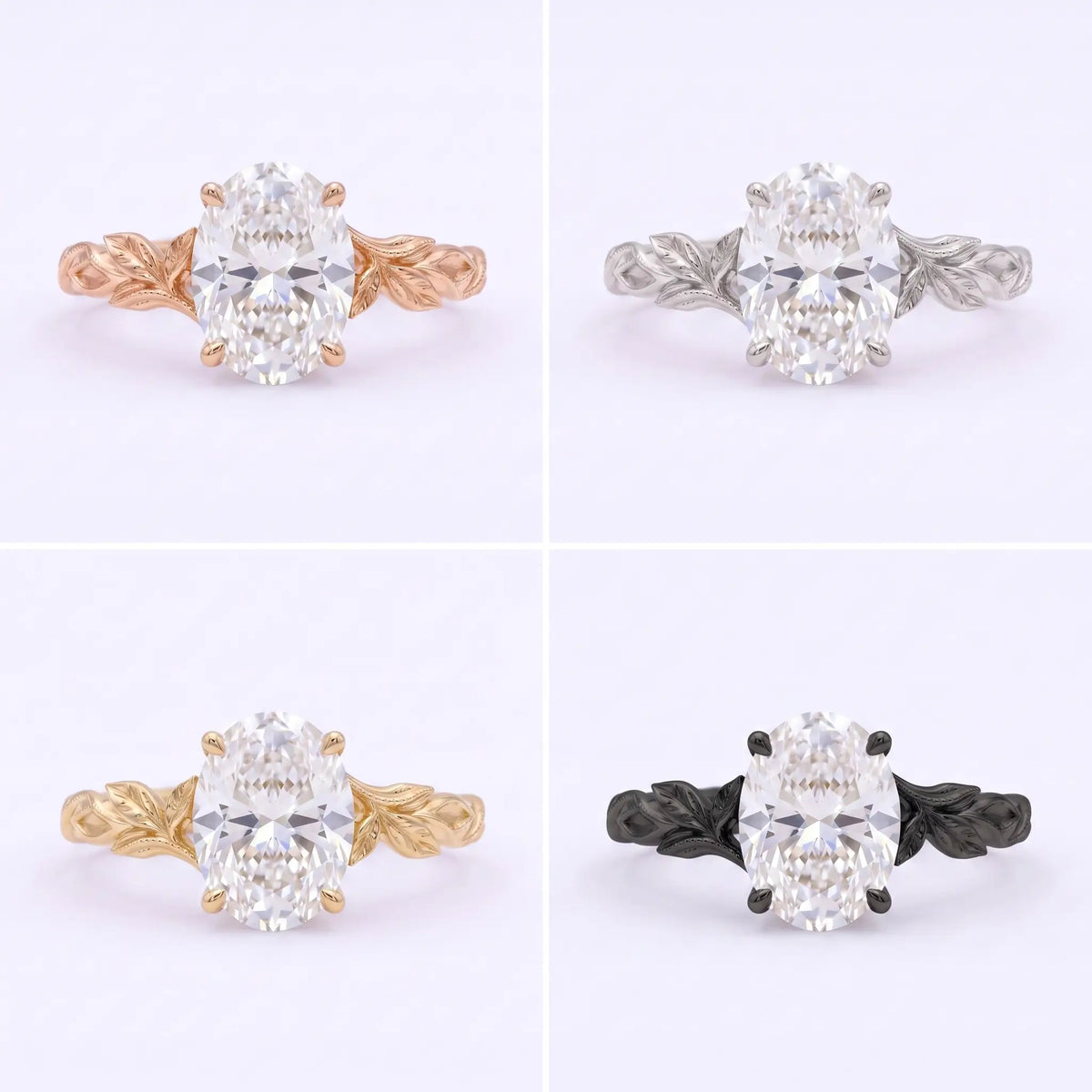 Side angle of oval moissanite solitaire ring with nature inspired design