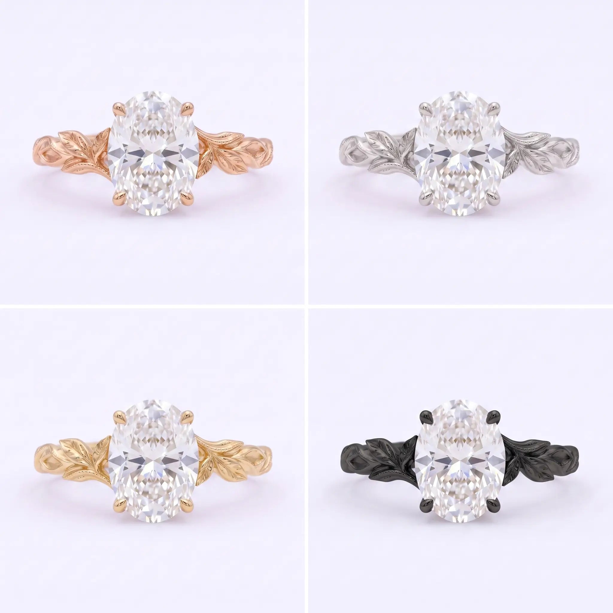 Side angle of oval moissanite solitaire ring with nature inspired design