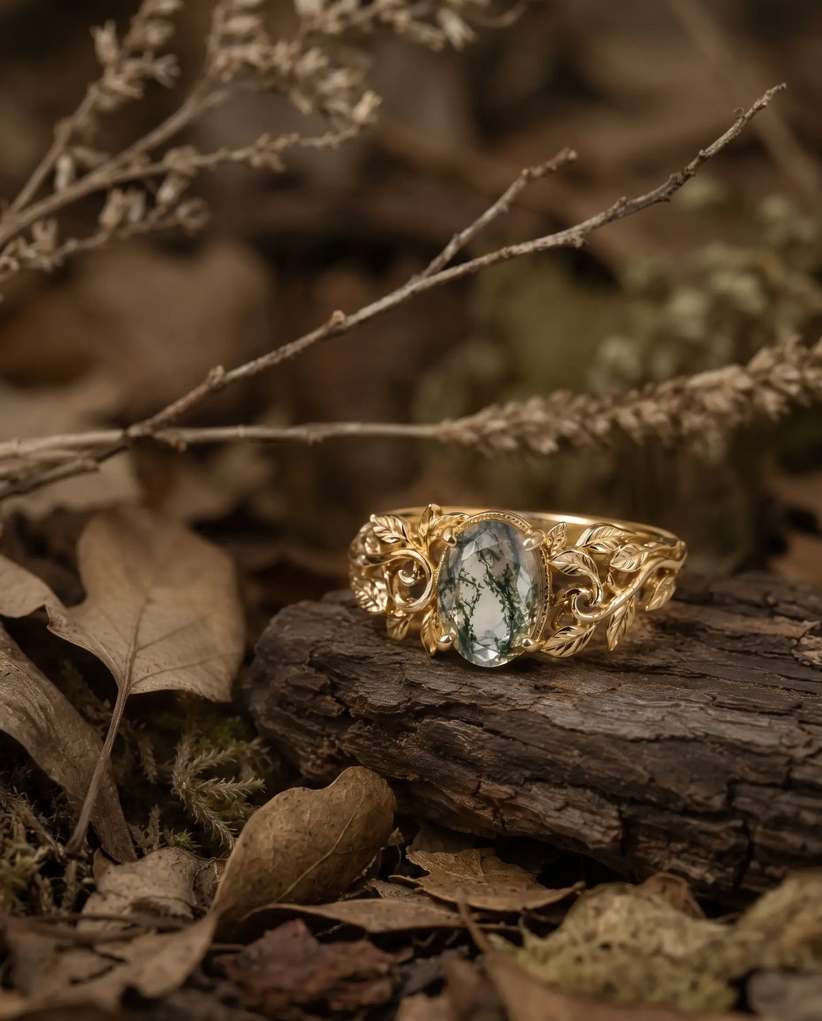 oval moss agate solitaire engagement ring,nature inspired moss agate leaf ring