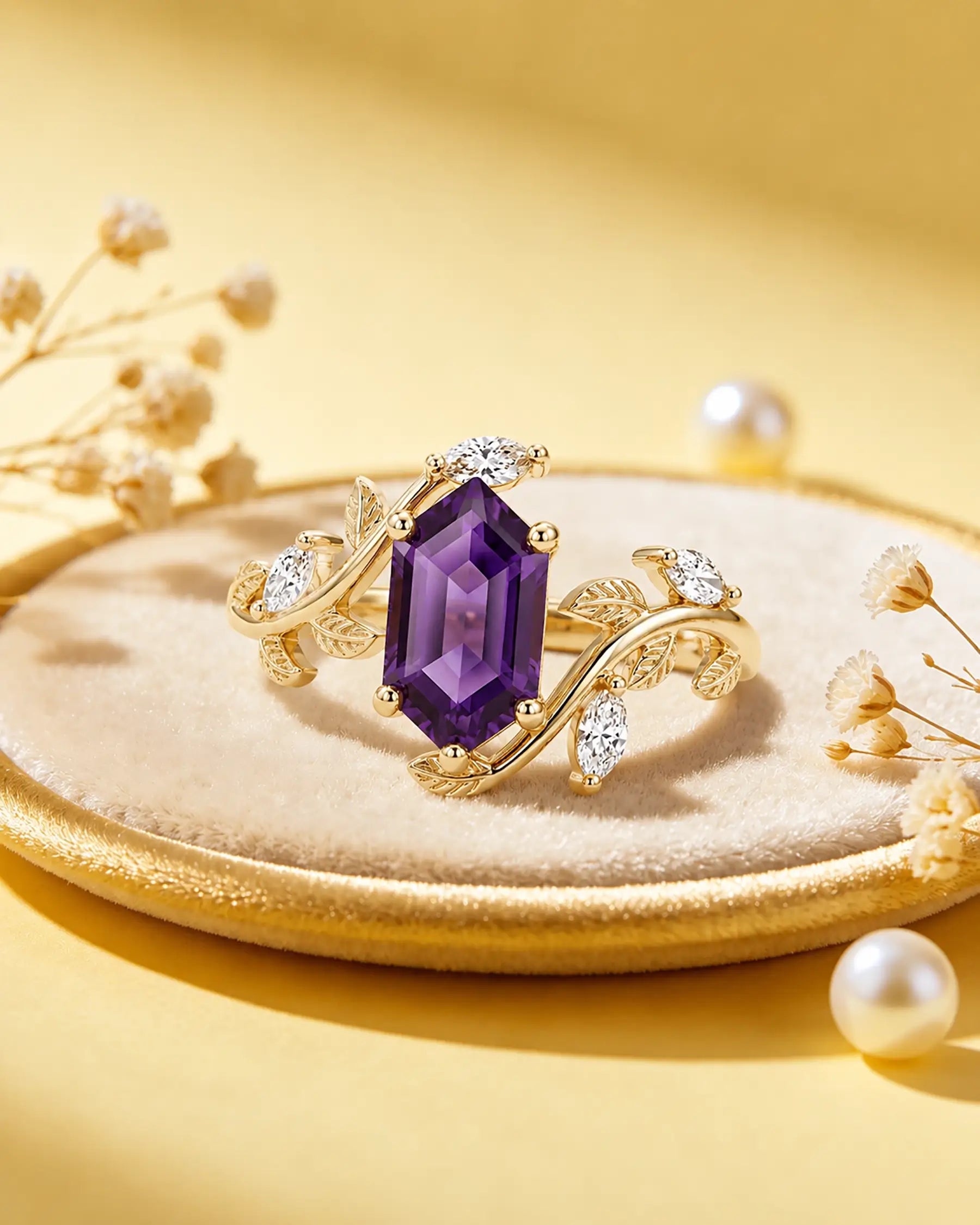 Nature-inspired sapphire leaf ring styled in a refined jewelry scene