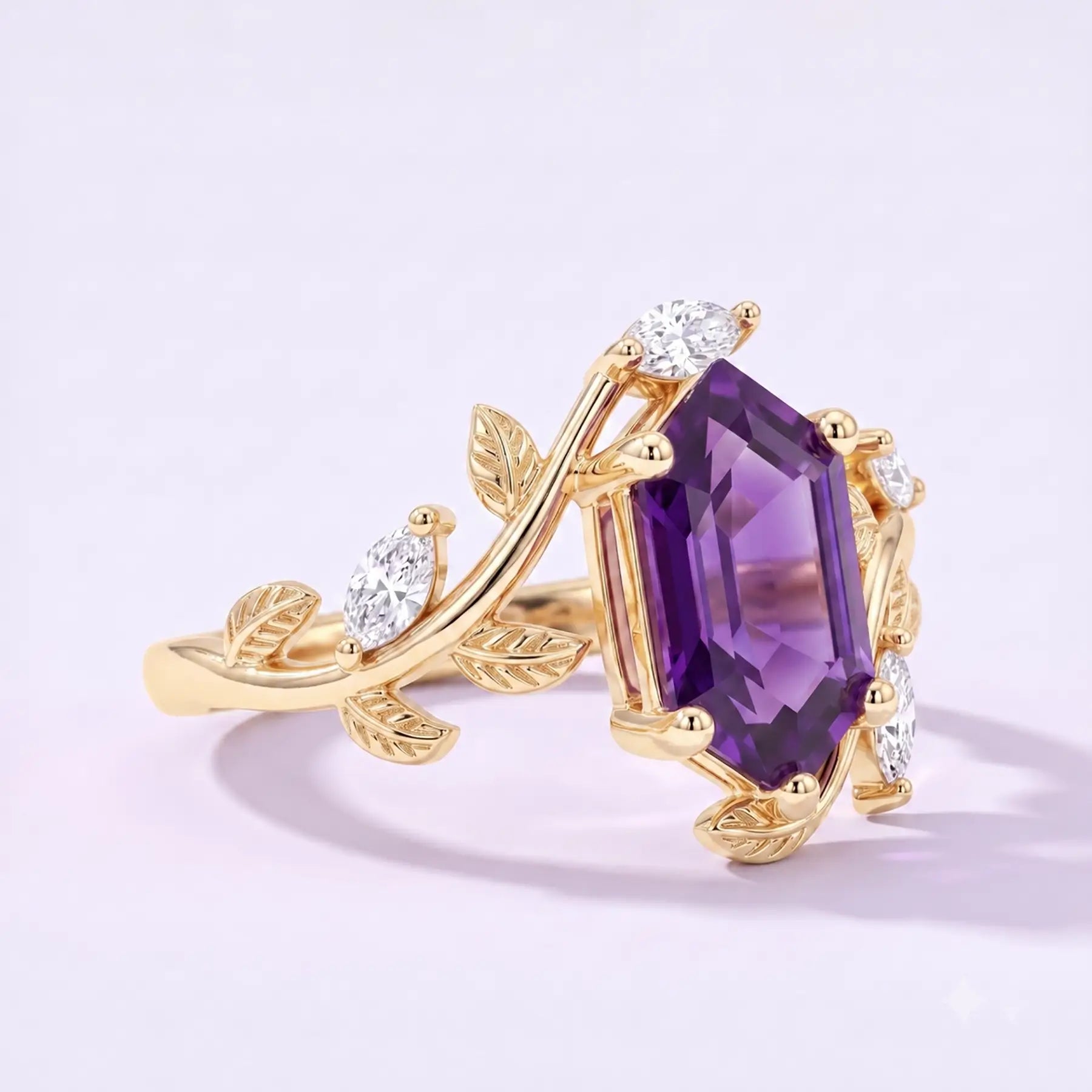 Side view of sapphire leaf engagement ring showing flowing gold band design