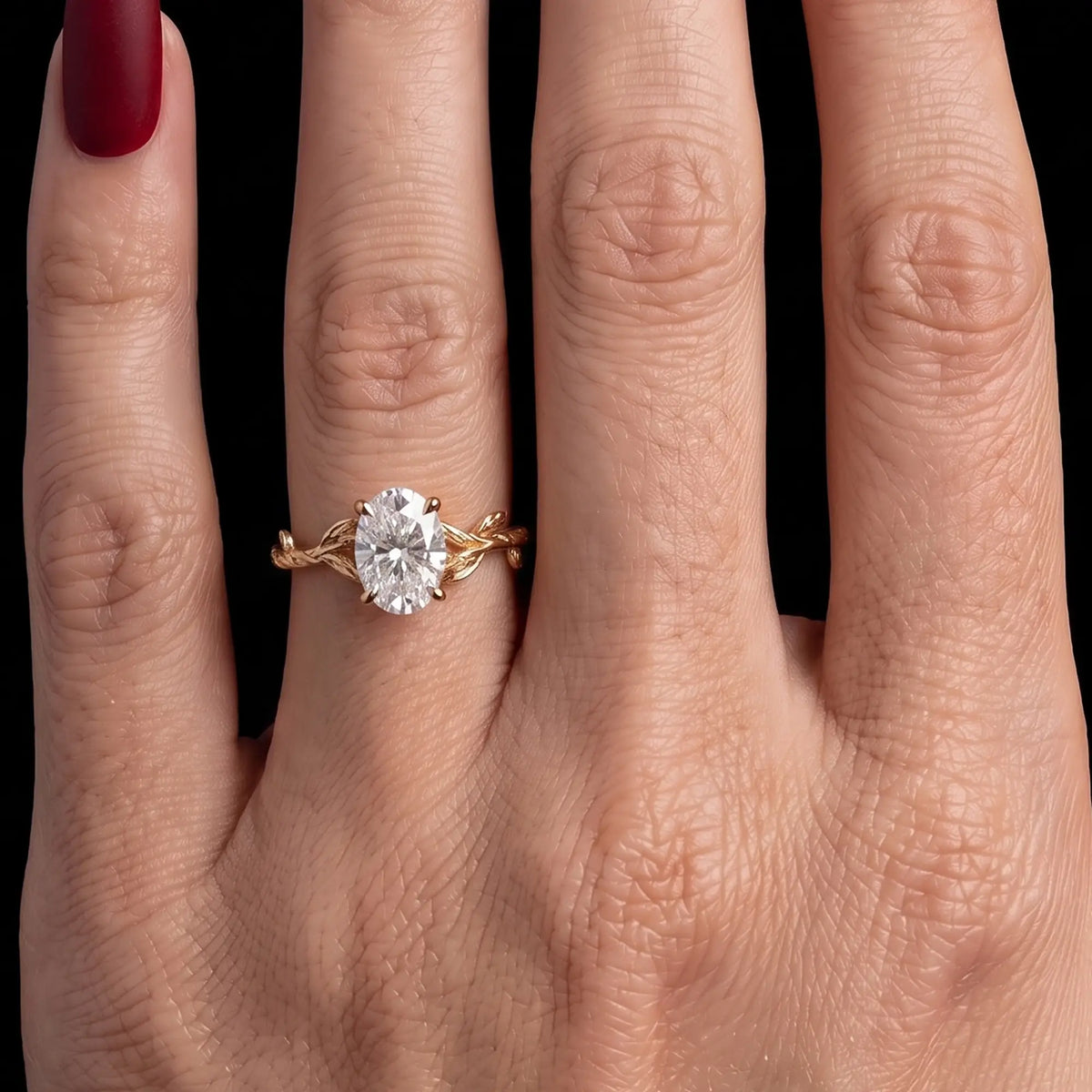 Leaf and twig inspired oval moissanite gold ring for women