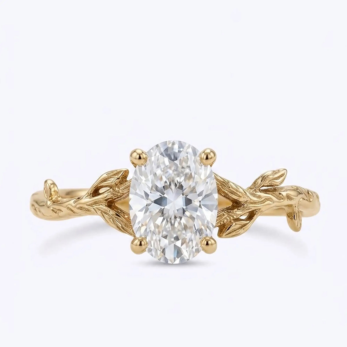 Oval moissanite leaf solitaire engagement ring in gold