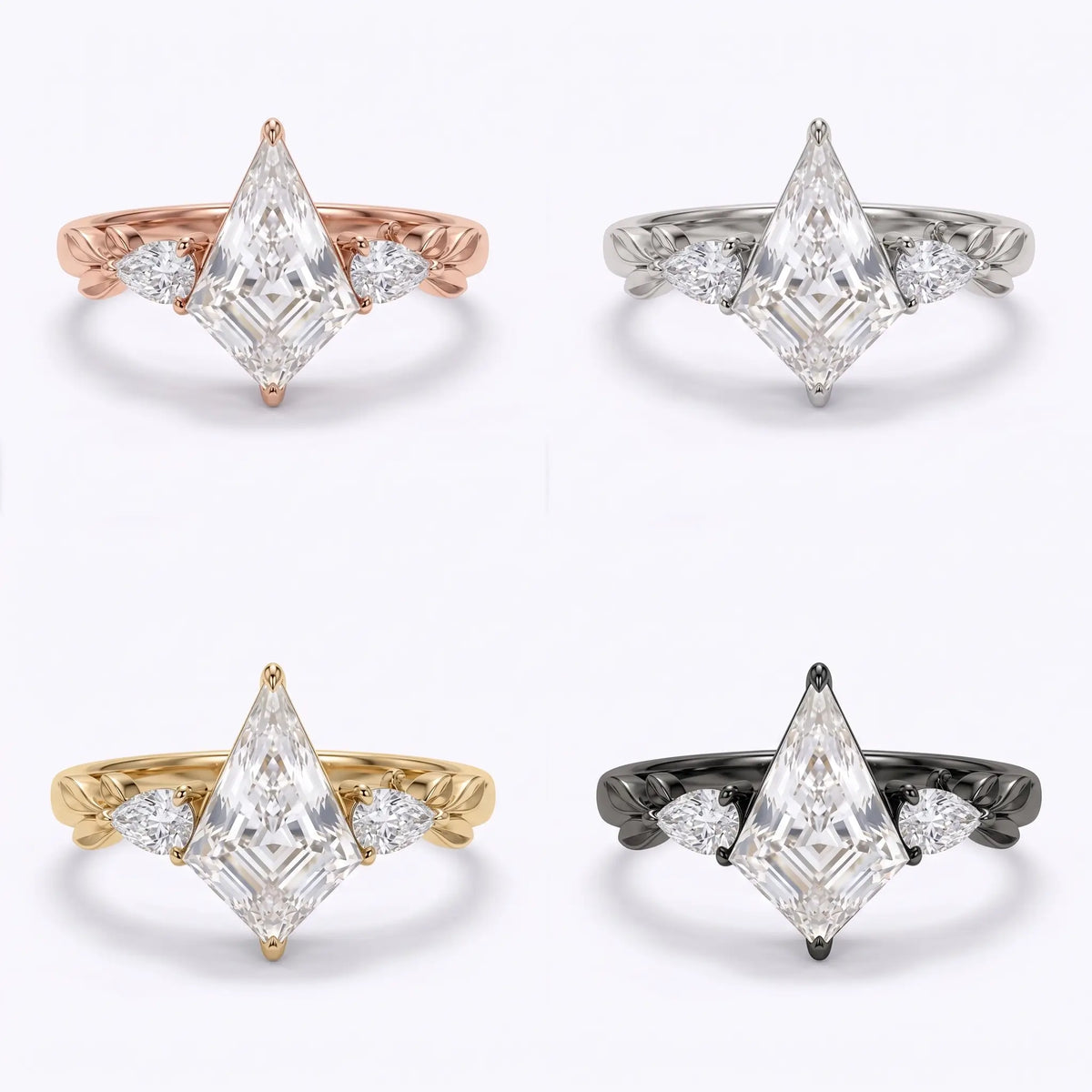 Kite cut moissanite botanical engagement ring displayed in yellow gold white gold rose gold and black gold finishes
