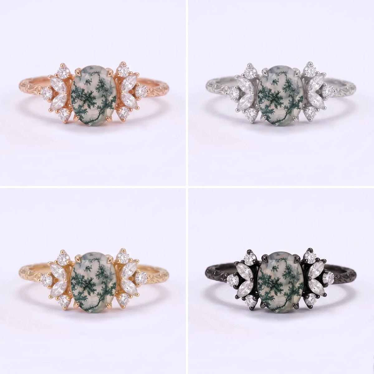 Oval moss agate cluster ring shown in black gold, white gold, rose gold, and yellow gold