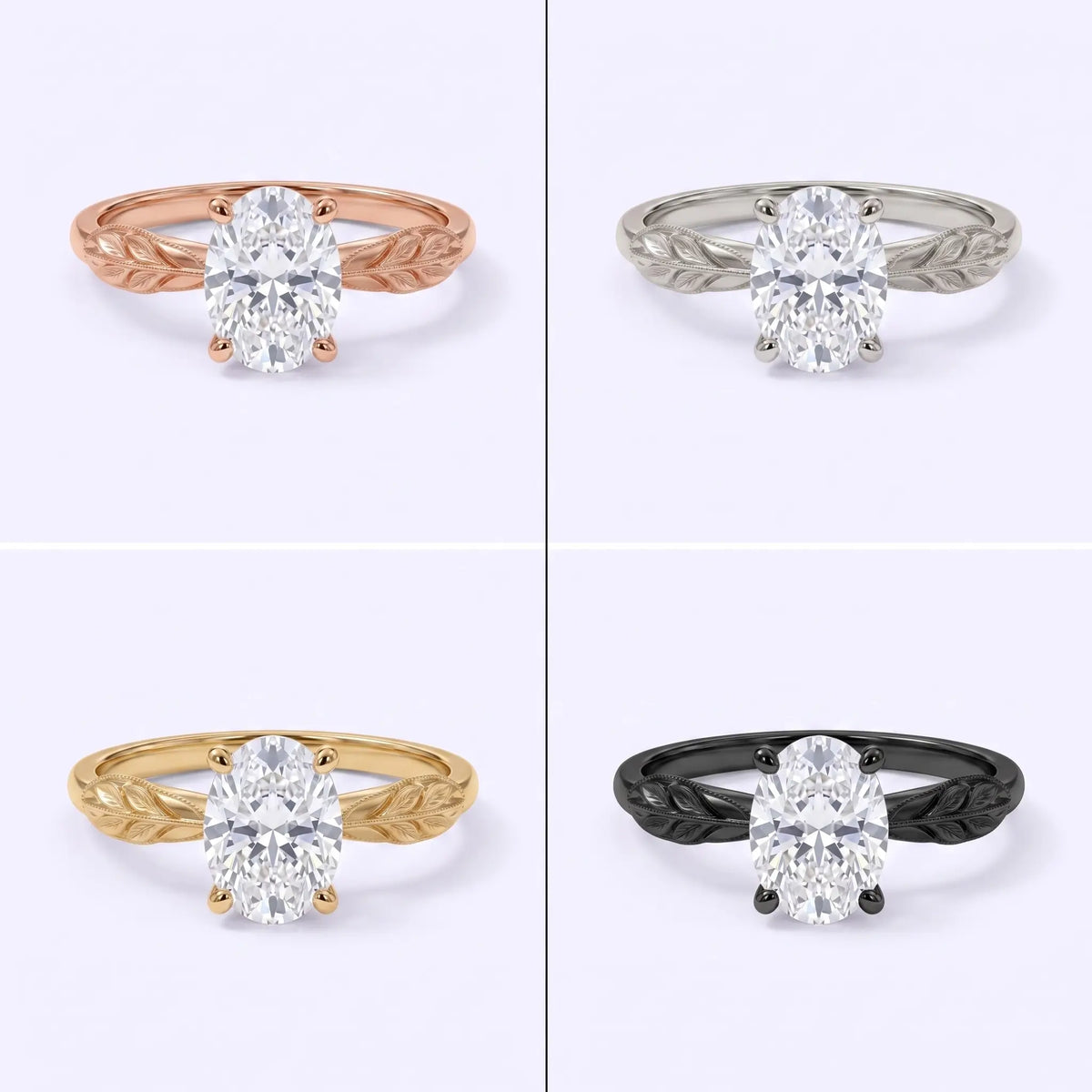 Oval lab-grown diamond solitaire ring shown in available gold options