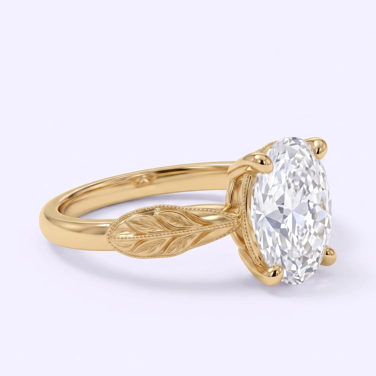 Three-quarter view of an oval diamond engagement ring with sculpted leaf details