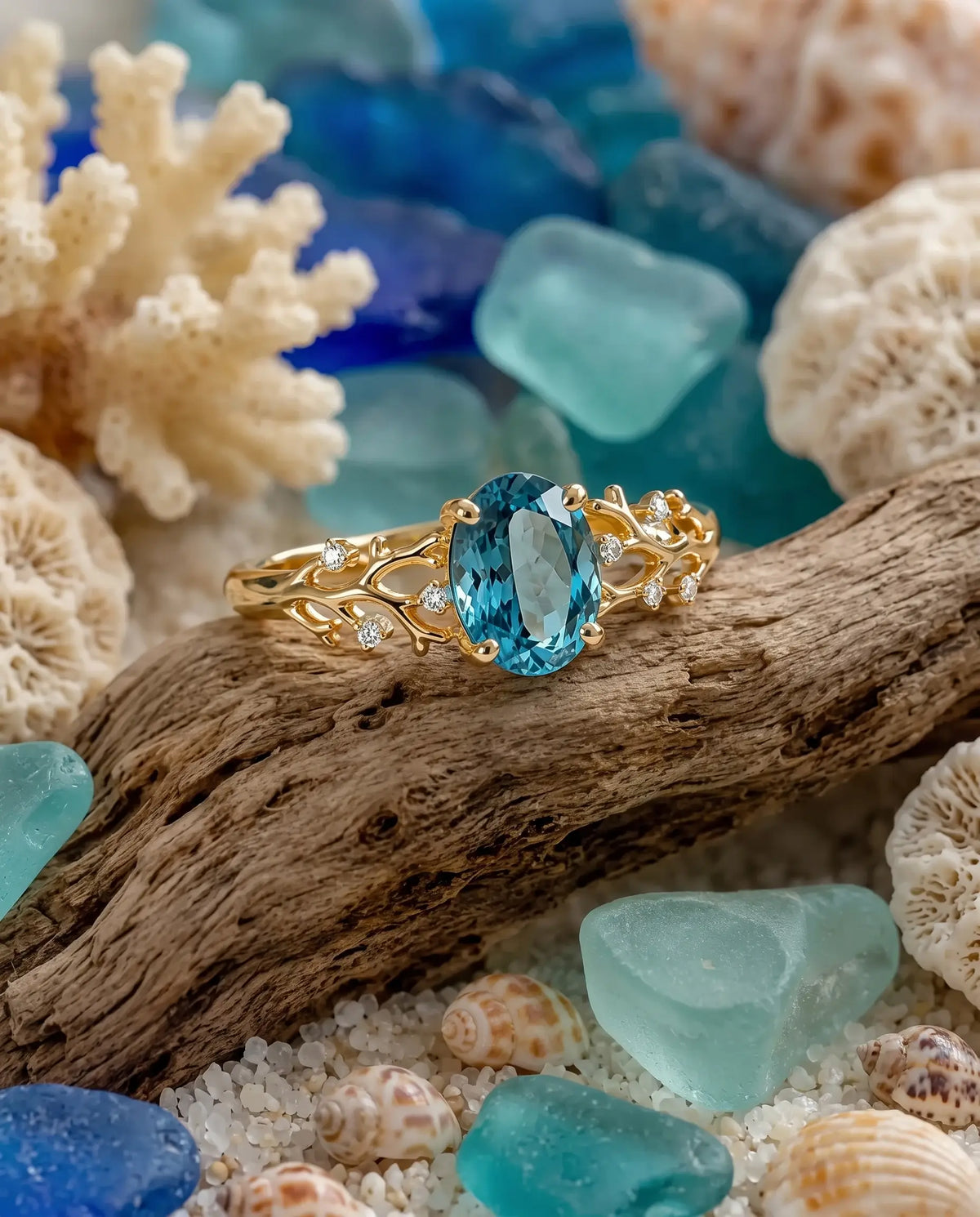 Macro detail of round moissanite accents on coral inspired ring