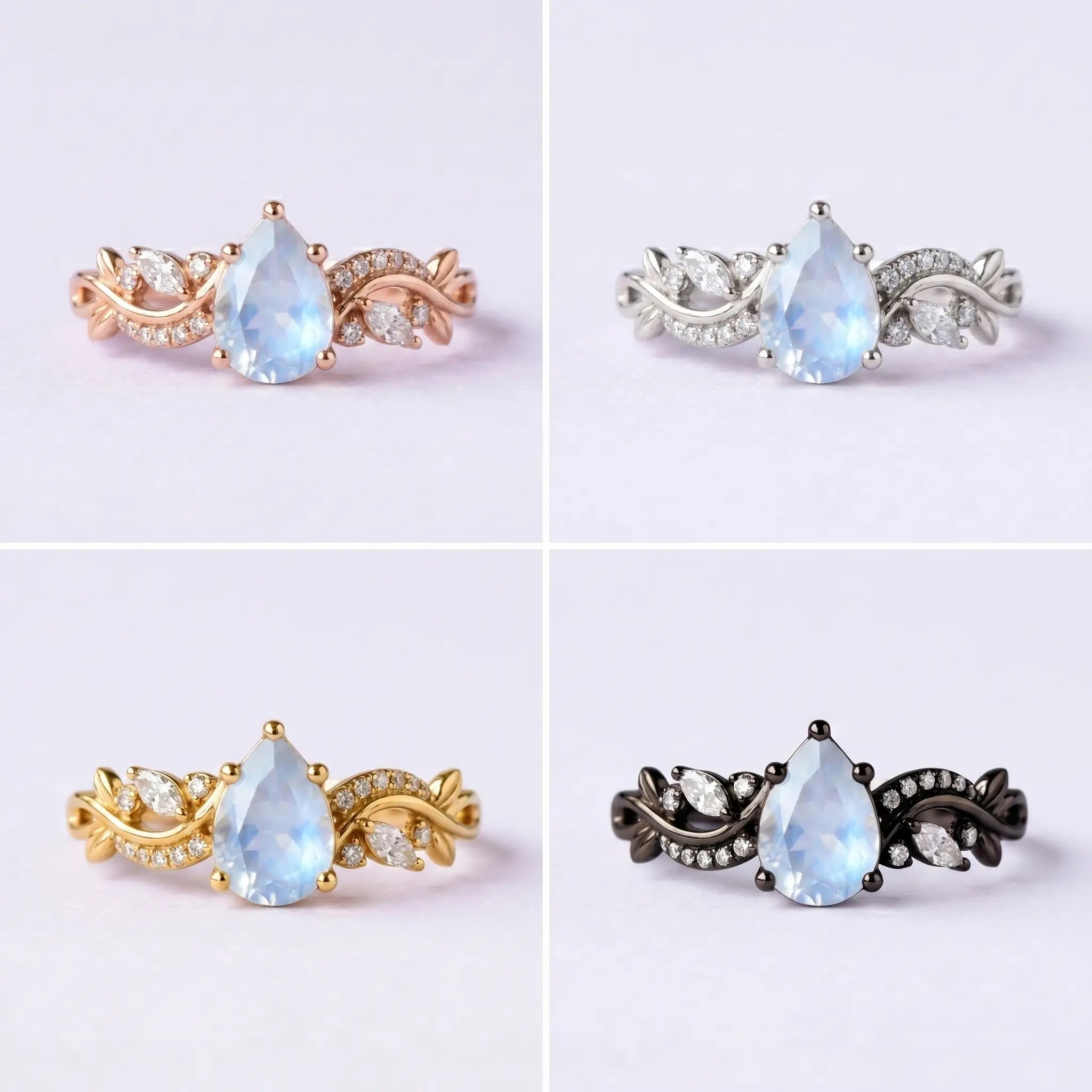 Side view of Thalia vine ring highlighting the durable band profile and balanced stone alignment 4color show
