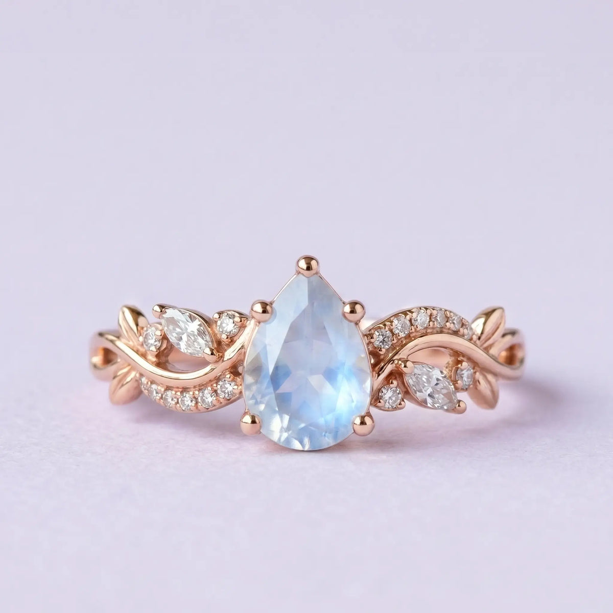 Handcrafted pear moonstone vintage leaf engagement ring - Thalia by Orleone