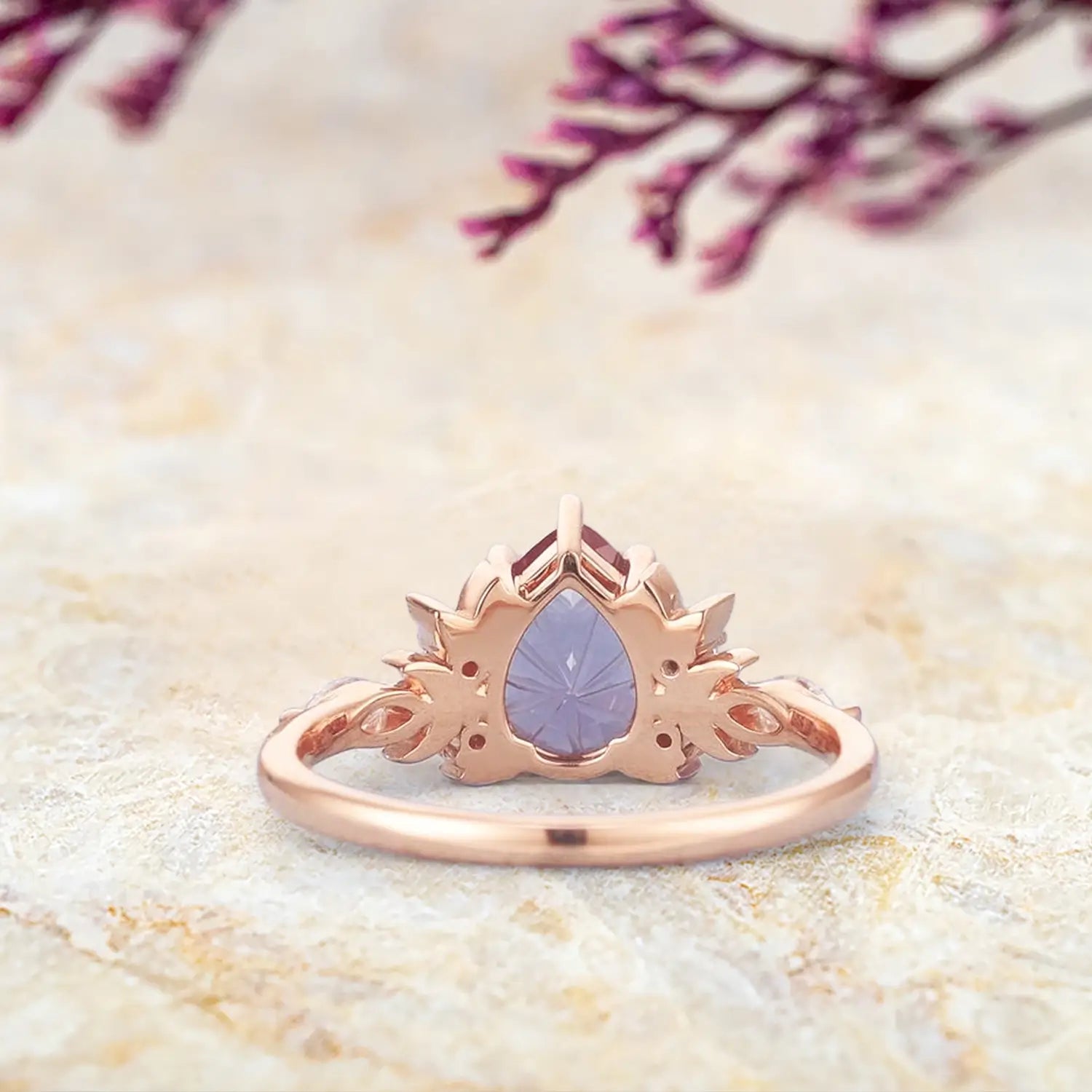 Art Deco Star Firework Cut Alexandrite Engagement Ring Moon & Leaf Rings