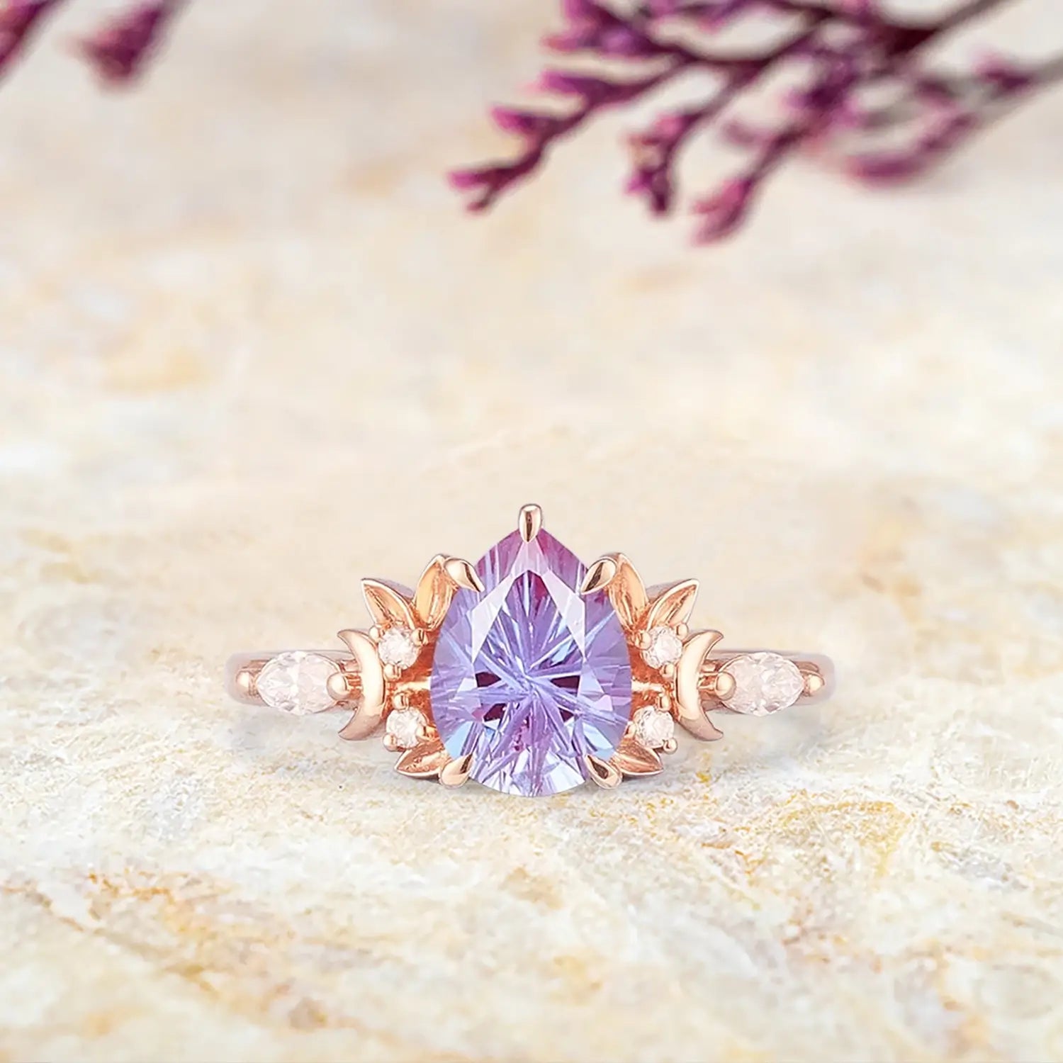 art deco alexandrite engagement ring, star cut alexandrite ring, rose gold alexandrite ring, moissanite cluster ring