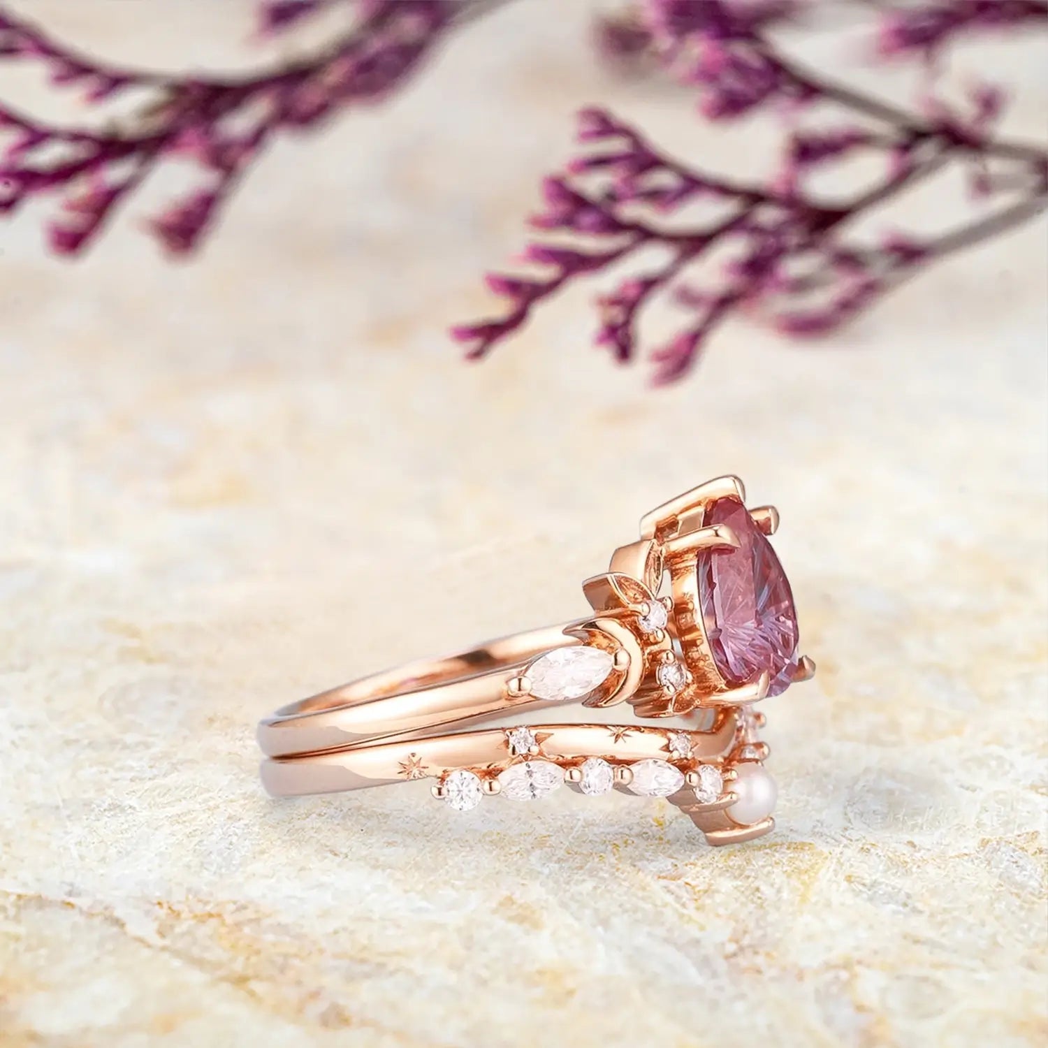 pear alexandrite engagement ring set rose gold nature-inspired ring, moon and leaf ring orleone for women
