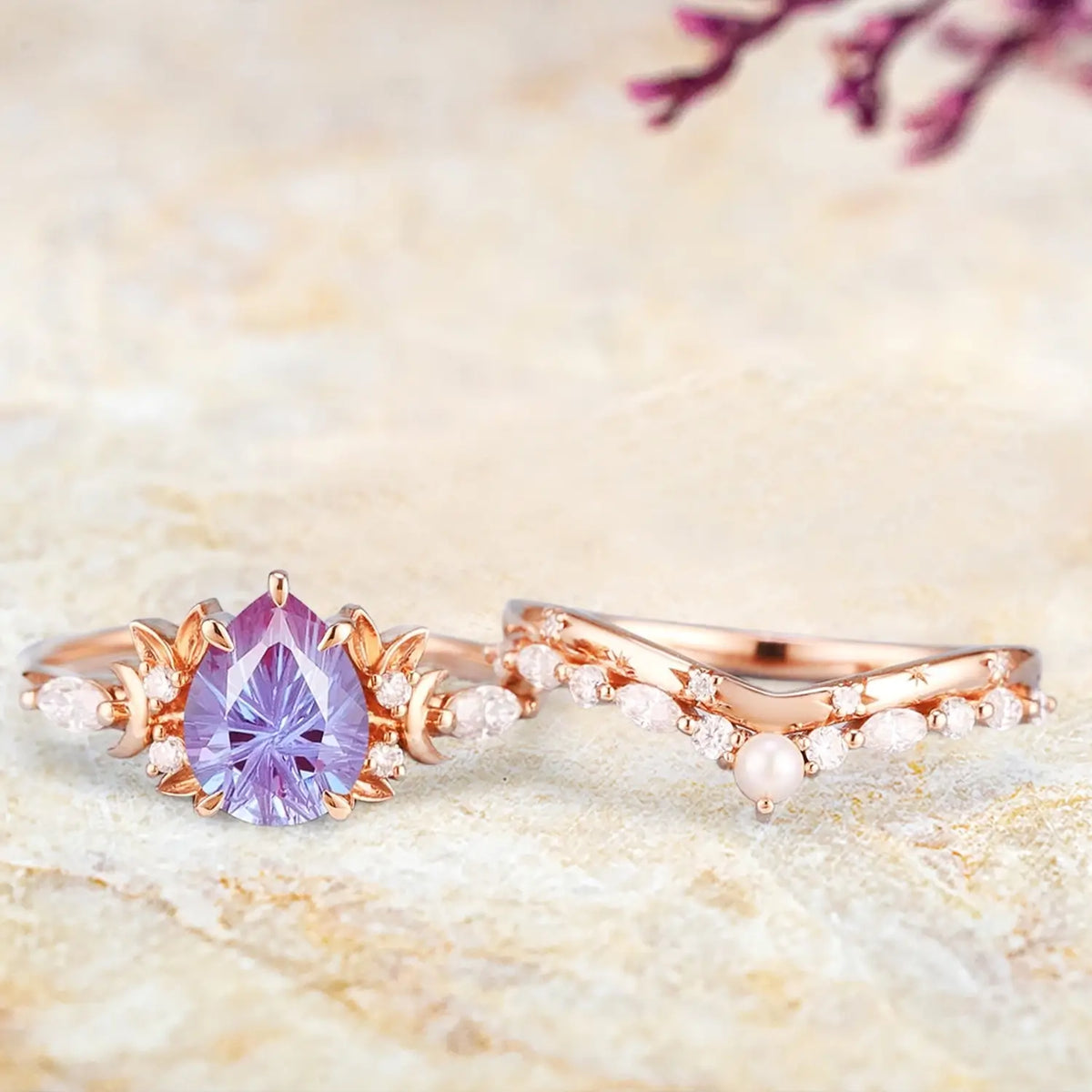 unique gemstone engagement ring, June birthstone jewelry, Starbrite cut alexandrite, handmade alexandrite ring, two-piece bridal set