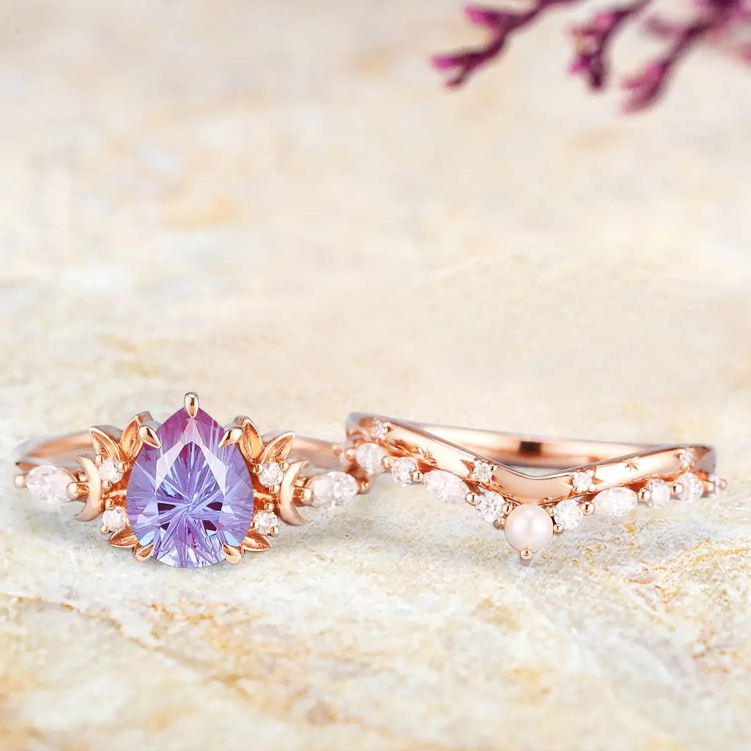 unique gemstone engagement ring, June birthstone jewelry, Starbrite cut alexandrite, handmade alexandrite ring, two-piece bridal set