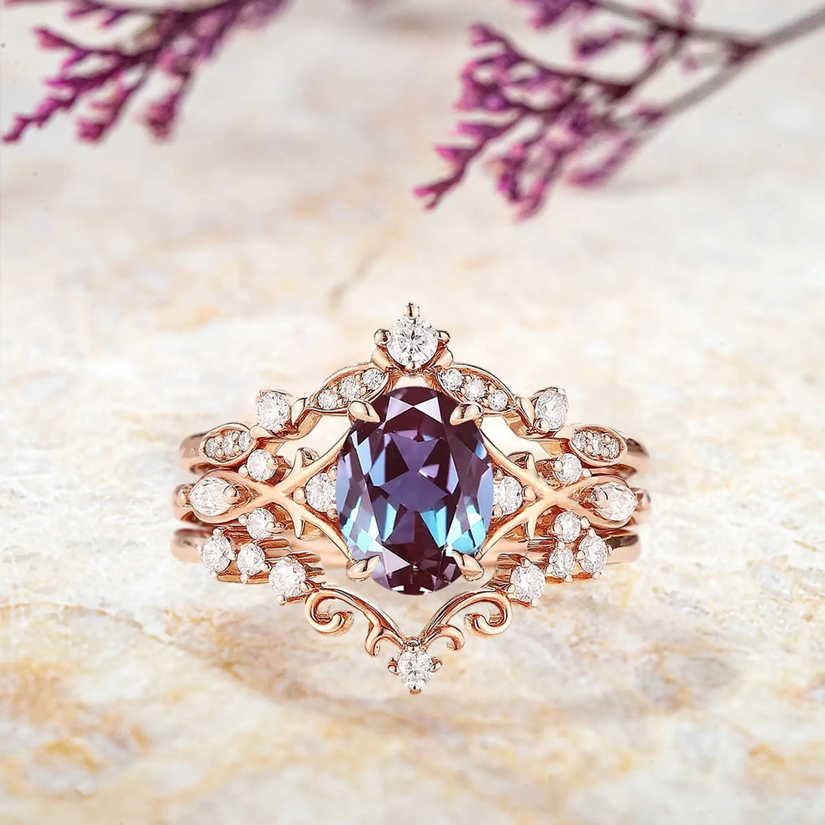 Oval cut alexandrite engagement ring with twisted branch vintage design