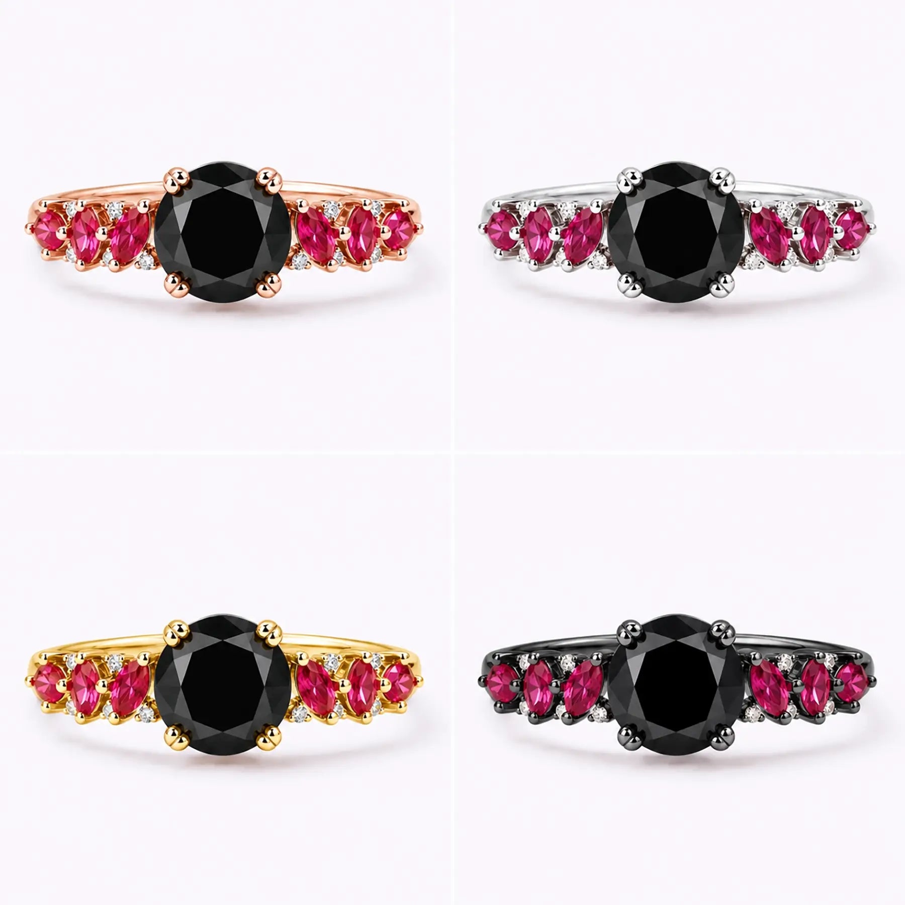 black moissanite engagement ring showing gold band structure and stone setting 4color 