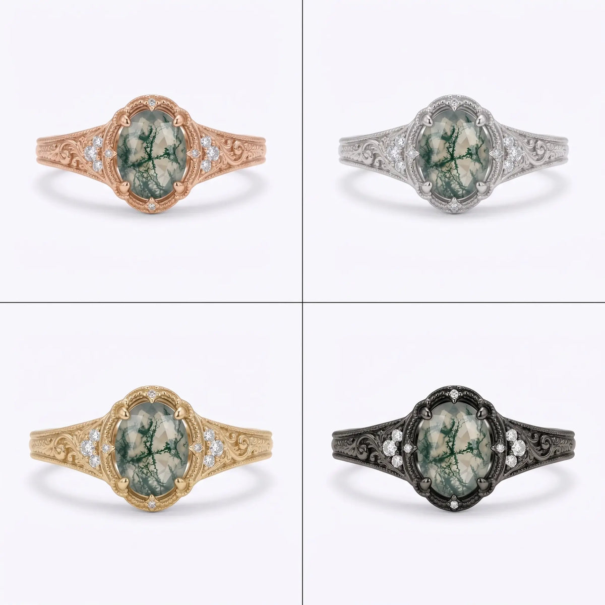 Oval moss agate cluster ring shown in different metal colors