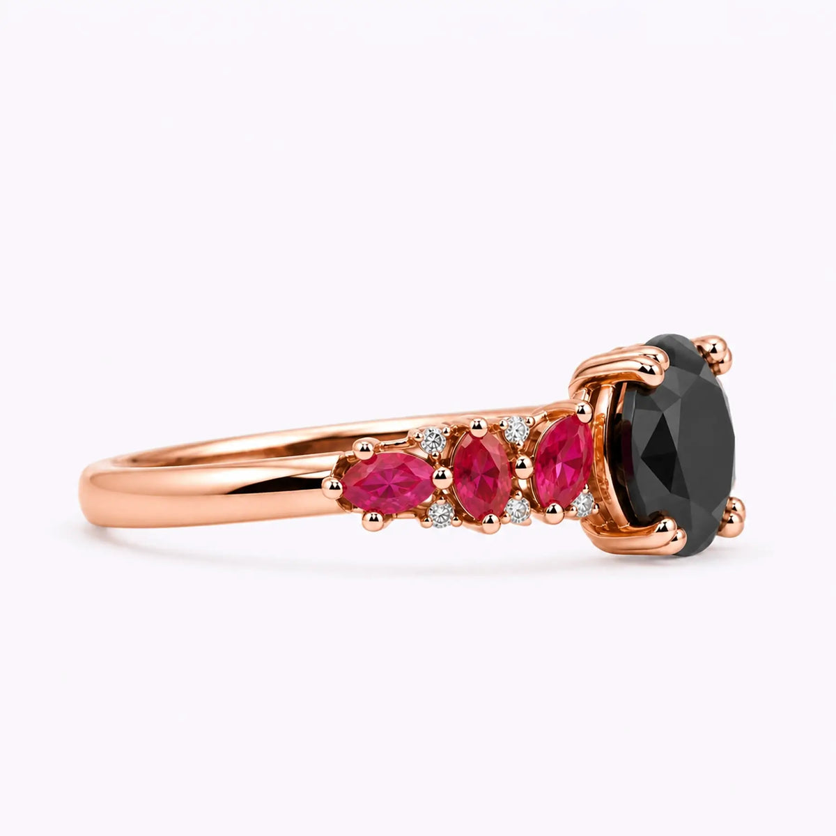 Side view of round black moissanite engagement ring showing artistic cluster design