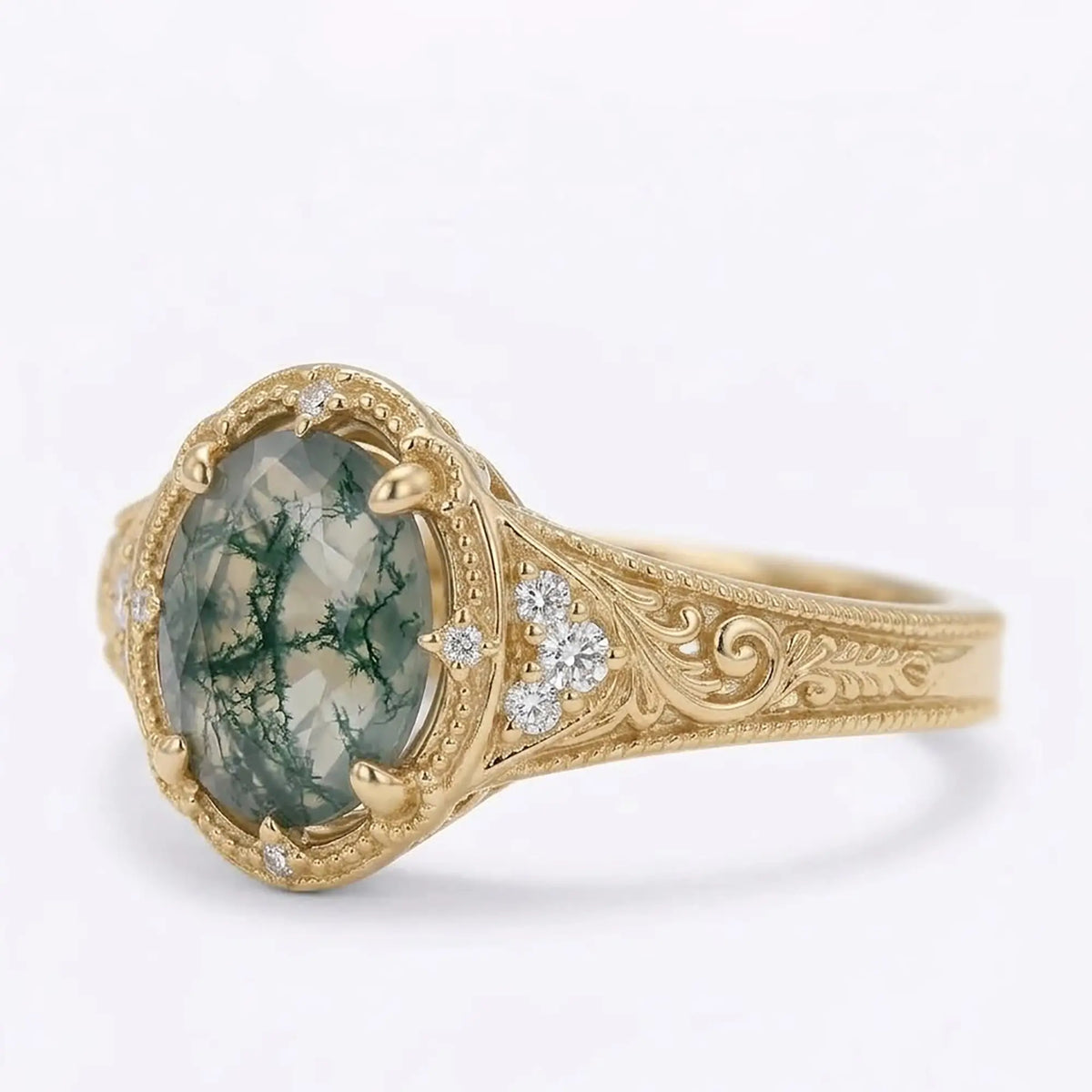 Victorian moss agate engagement ring with round moissanite accents