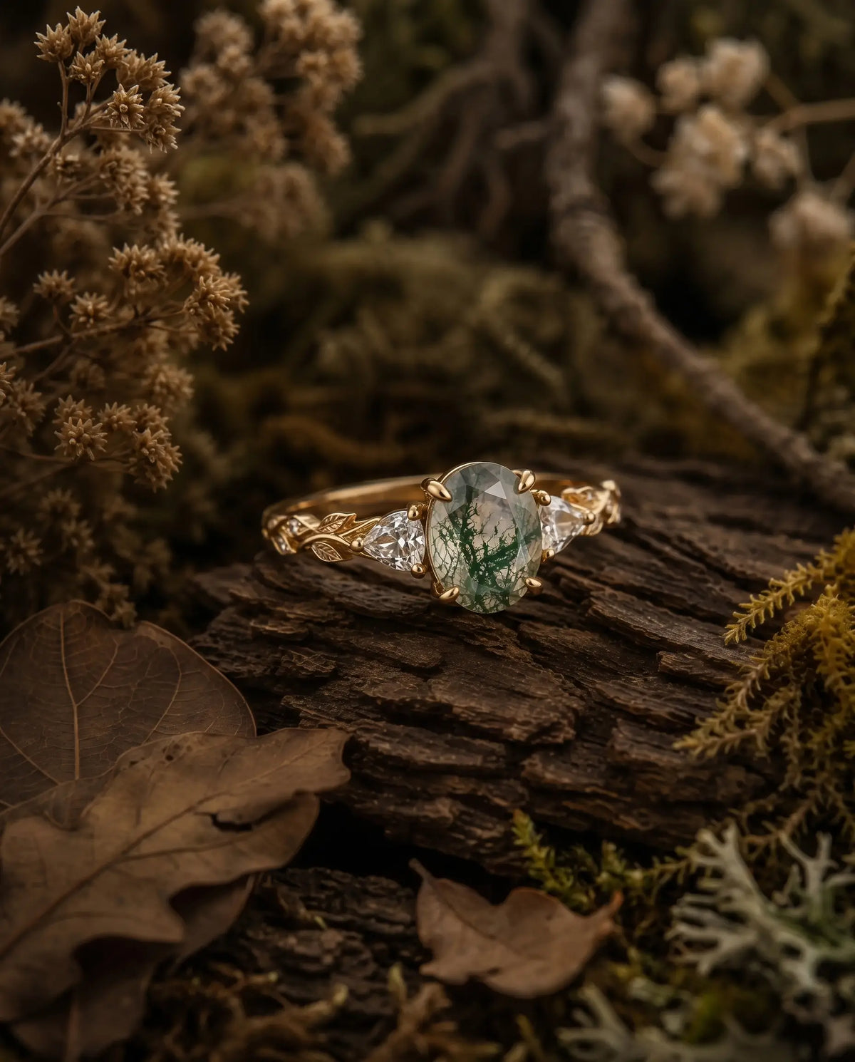 Close-up of natural oval moss agate with forest-like inclusions