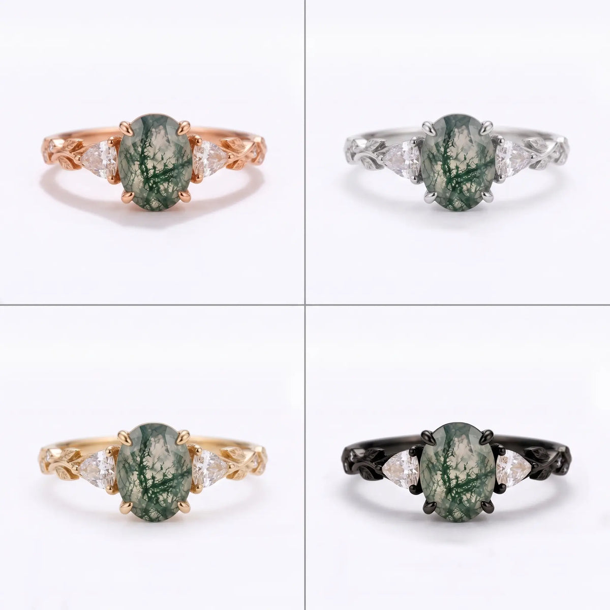 Nature inspired moss agate three stone ring in elegant styling