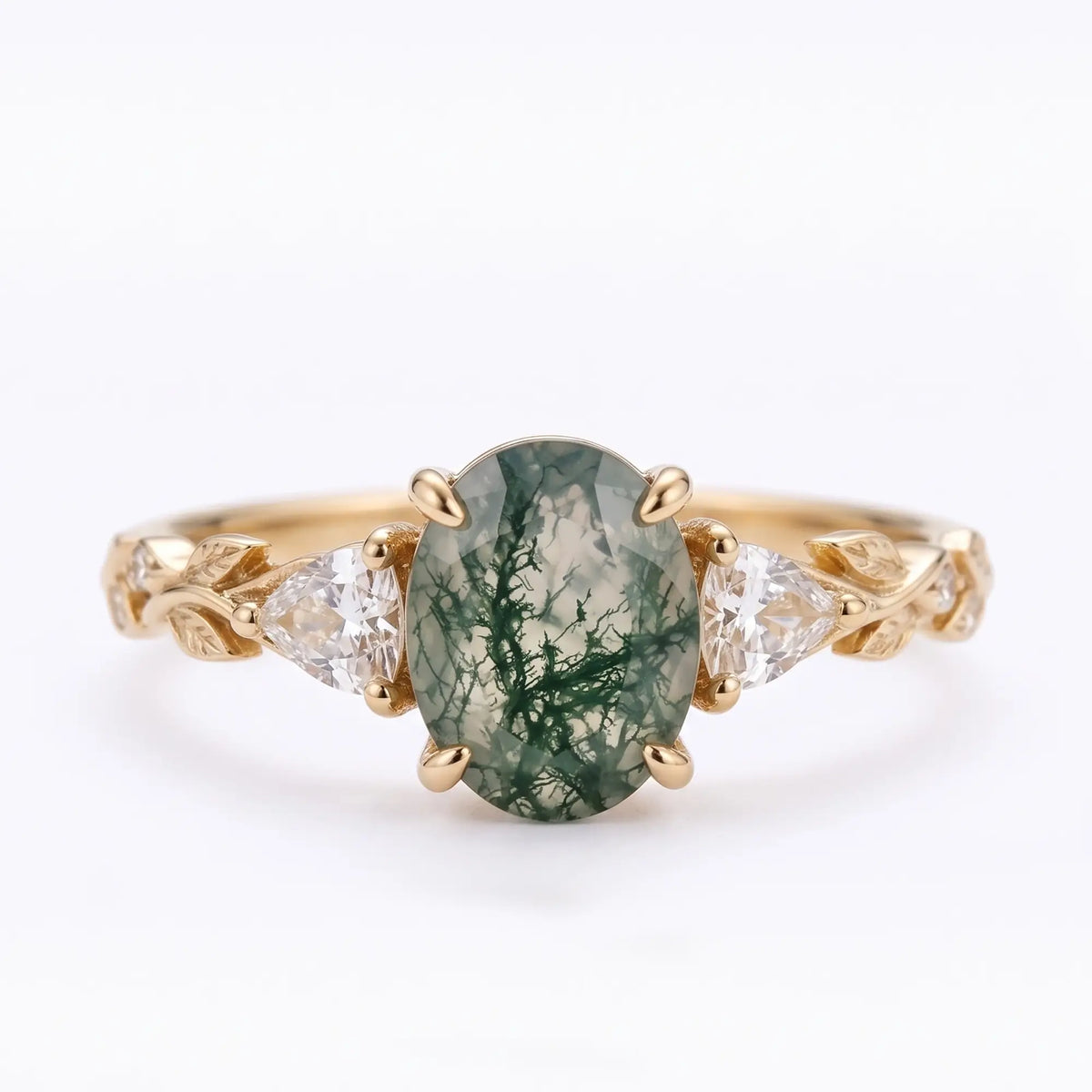 Oval moss agate three stone engagement ring with trillion moissanite side stones