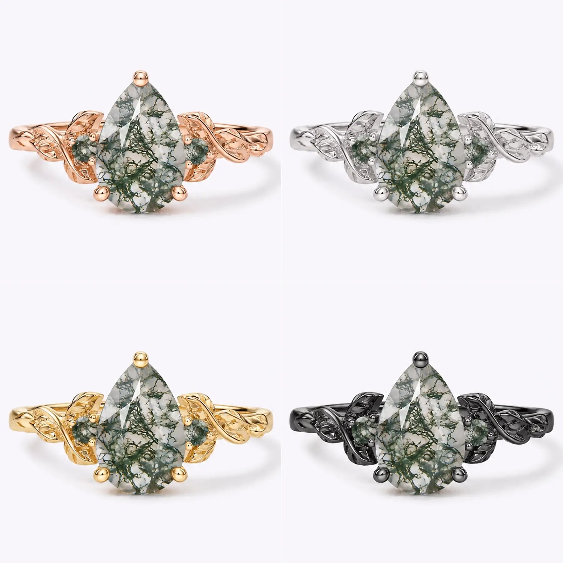 Four-color metal options grid of the pear moss agate leaf ring in black gold, white gold, rose gold, and yellow gold