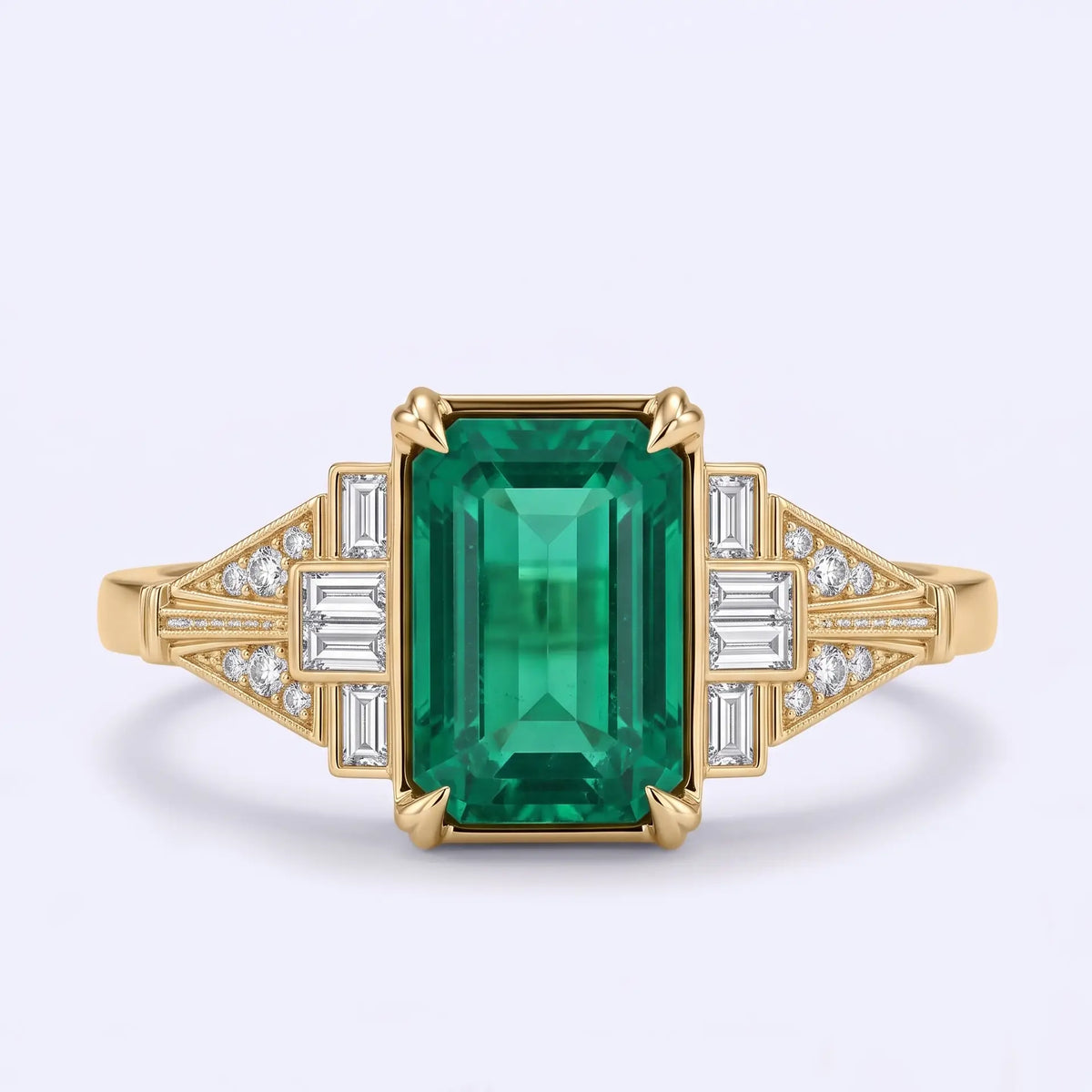 Vintage emerald cut lab emerald Art Deco cluster engagement ring with rectangular and round moissanite accents in yellow gold