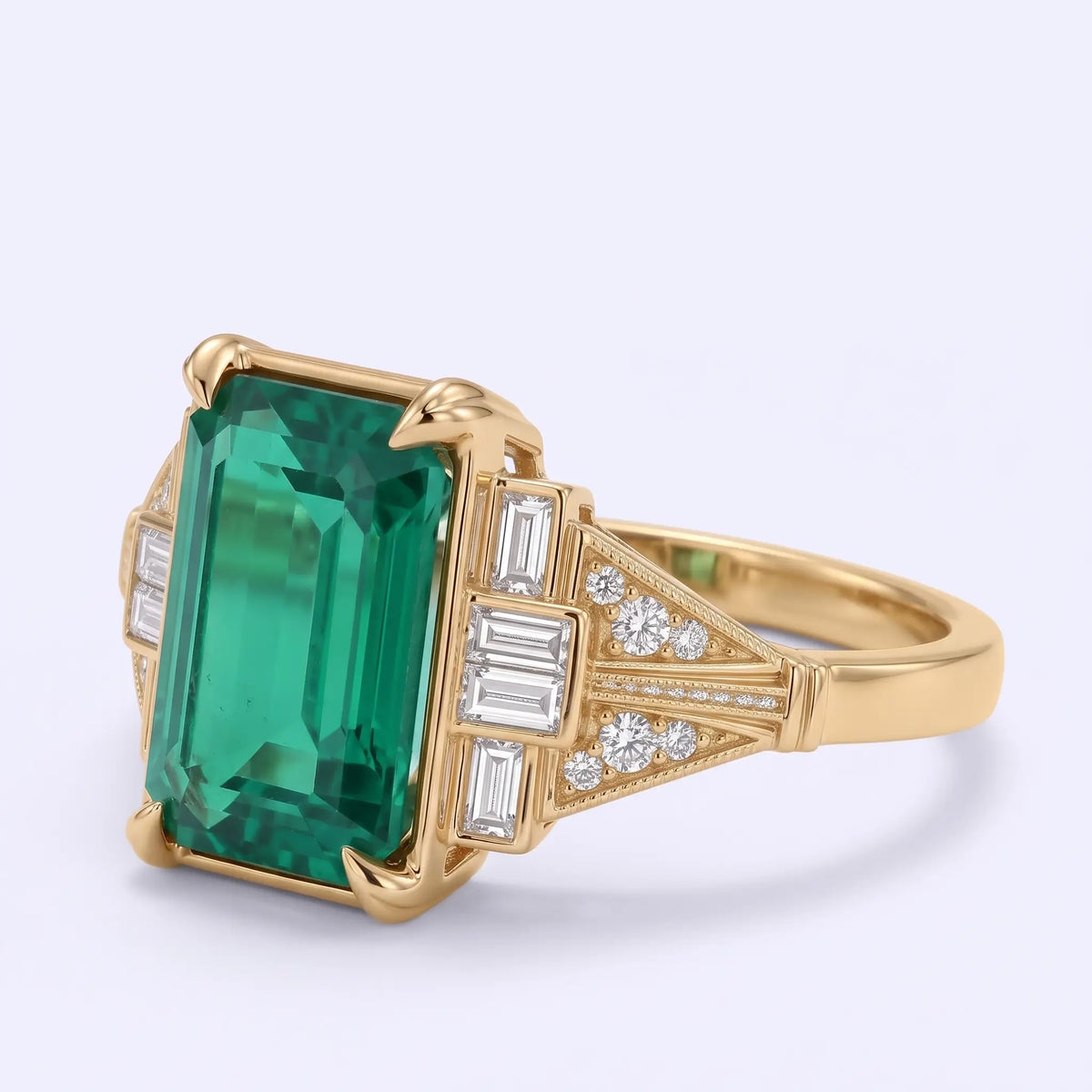 Three quarter view of vintage lab emerald cluster ring with geometric moissanite accents