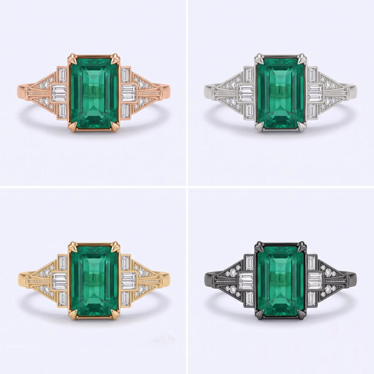 Emerald cut lab emerald engagement ring shown in yellow gold white gold rose gold and black gold options