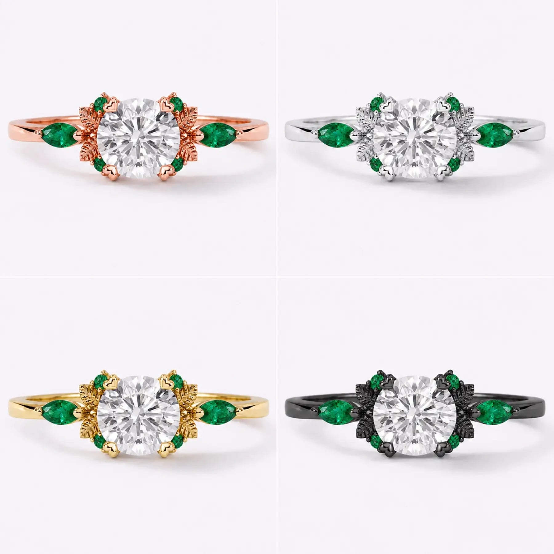 Moissanite leaf ring shown in black gold, white gold, rose gold, and yellow gold