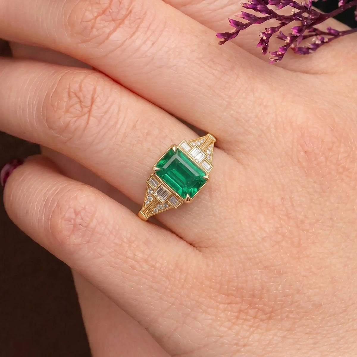 May birthstone emerald engagement ring worn on hand vintage art deco jewelry for ladies anniversary gift