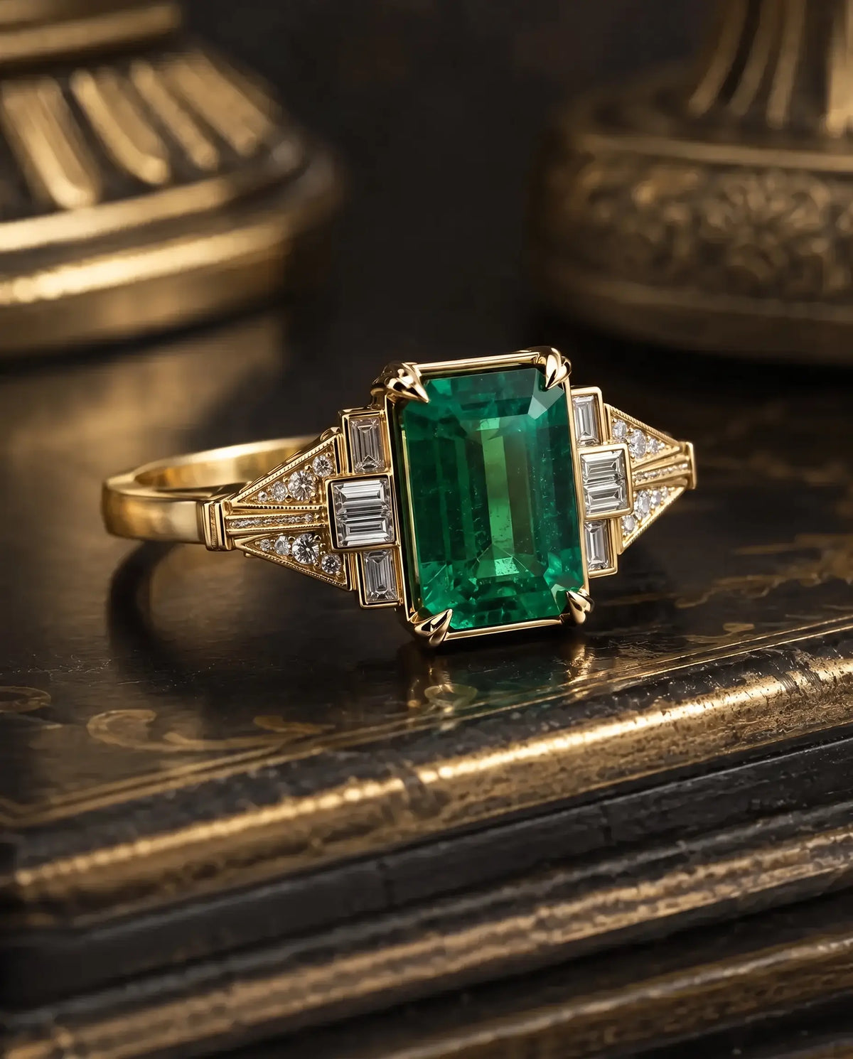 Detail of round cut moissanite cluster accents on vintage emerald ring