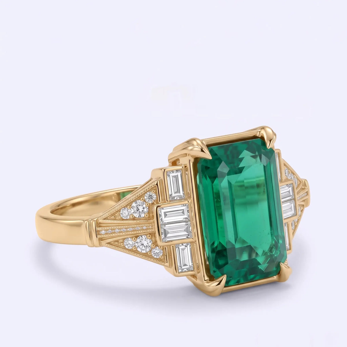 Side view of Art Deco emerald engagement ring with stepped cluster detailing
