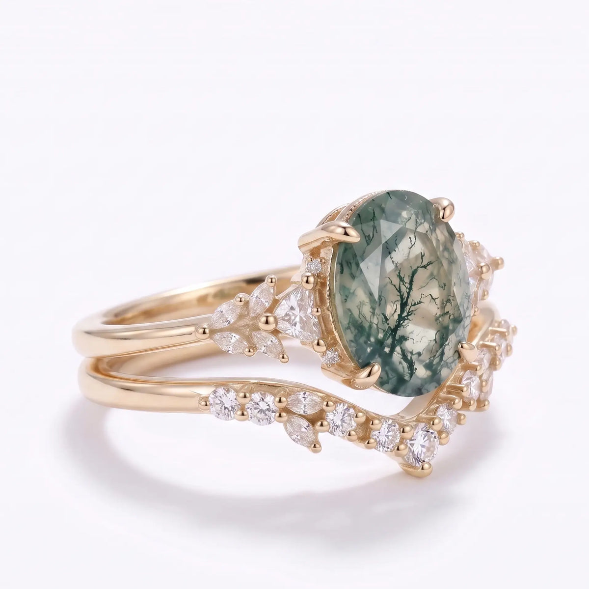 Natural oval moss agate engagement ring set with marquise, triangle, and round moissanite