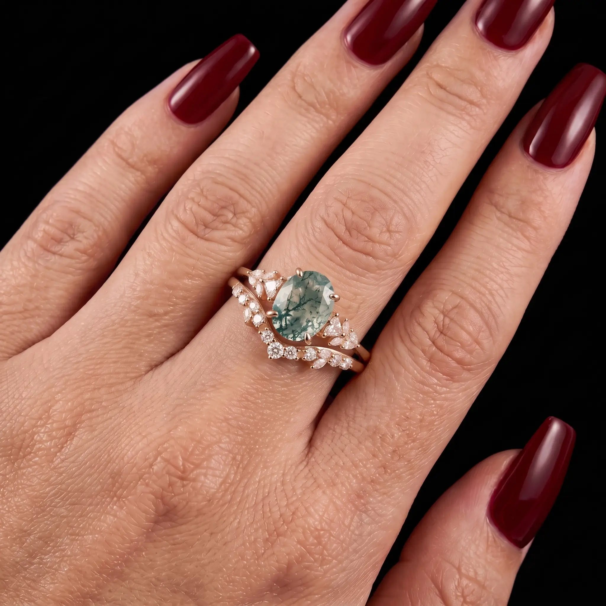 Gold moss agate cluster ring set with fitted curved band for women