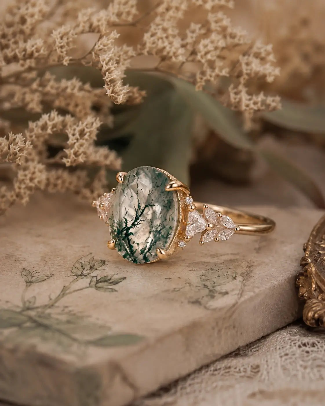 Nature inspired oval moss agate cluster ring styled in an elegant jewelry scene