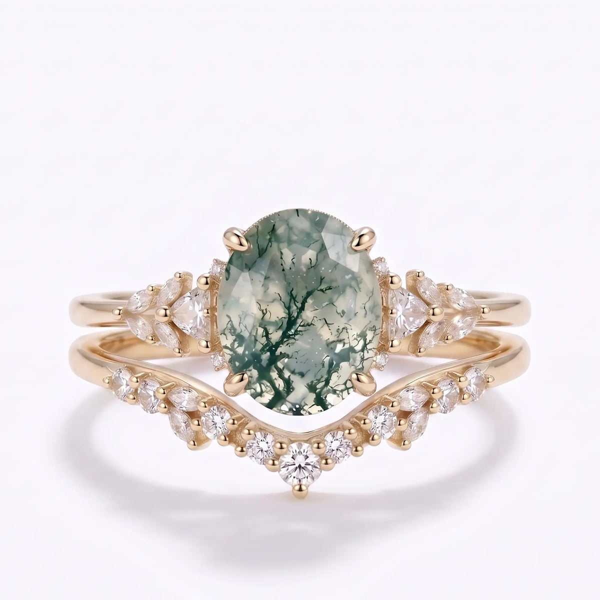 Oval moss agate cluster bridal ring set with curved moissanite wedding band in gold